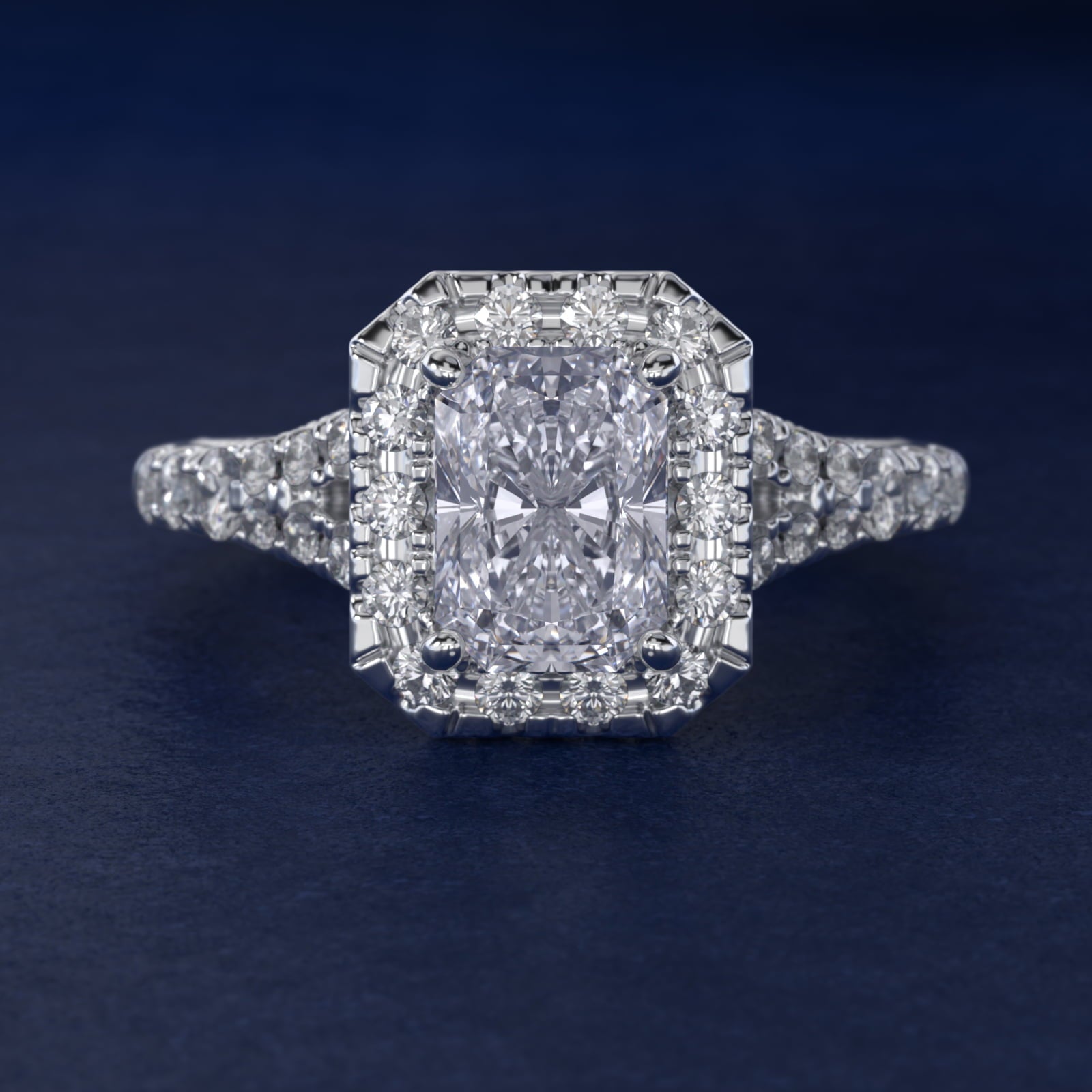 Lace Bridge Split Shank Halo Diamond Engagement Ring in Platinum (3/4 ct. tw.) - Radiant Center