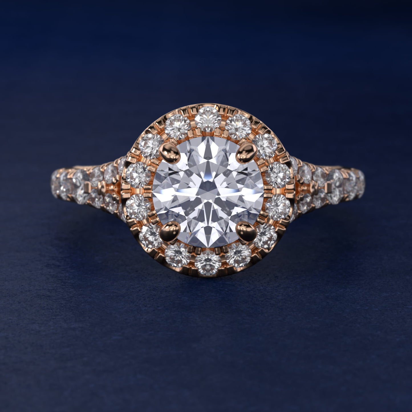 Lace Bridge Split Shank Halo Diamond Engagement Ring in 14k Rose Gold (3/4 ct. tw.) - Round Center