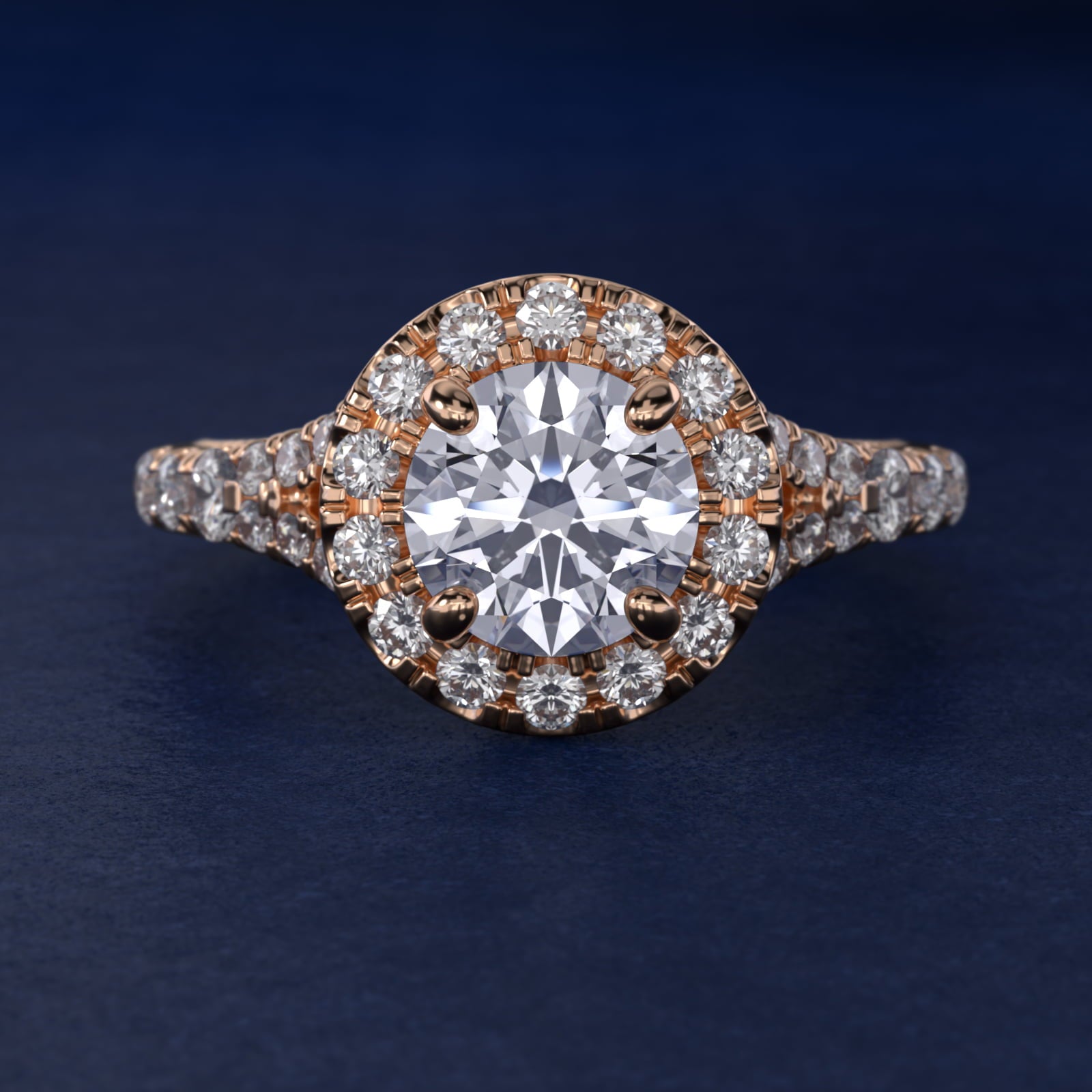 Lace Bridge Split Shank Halo Diamond Engagement Ring in 14k Rose Gold (3/4 ct. tw.) - Round Center