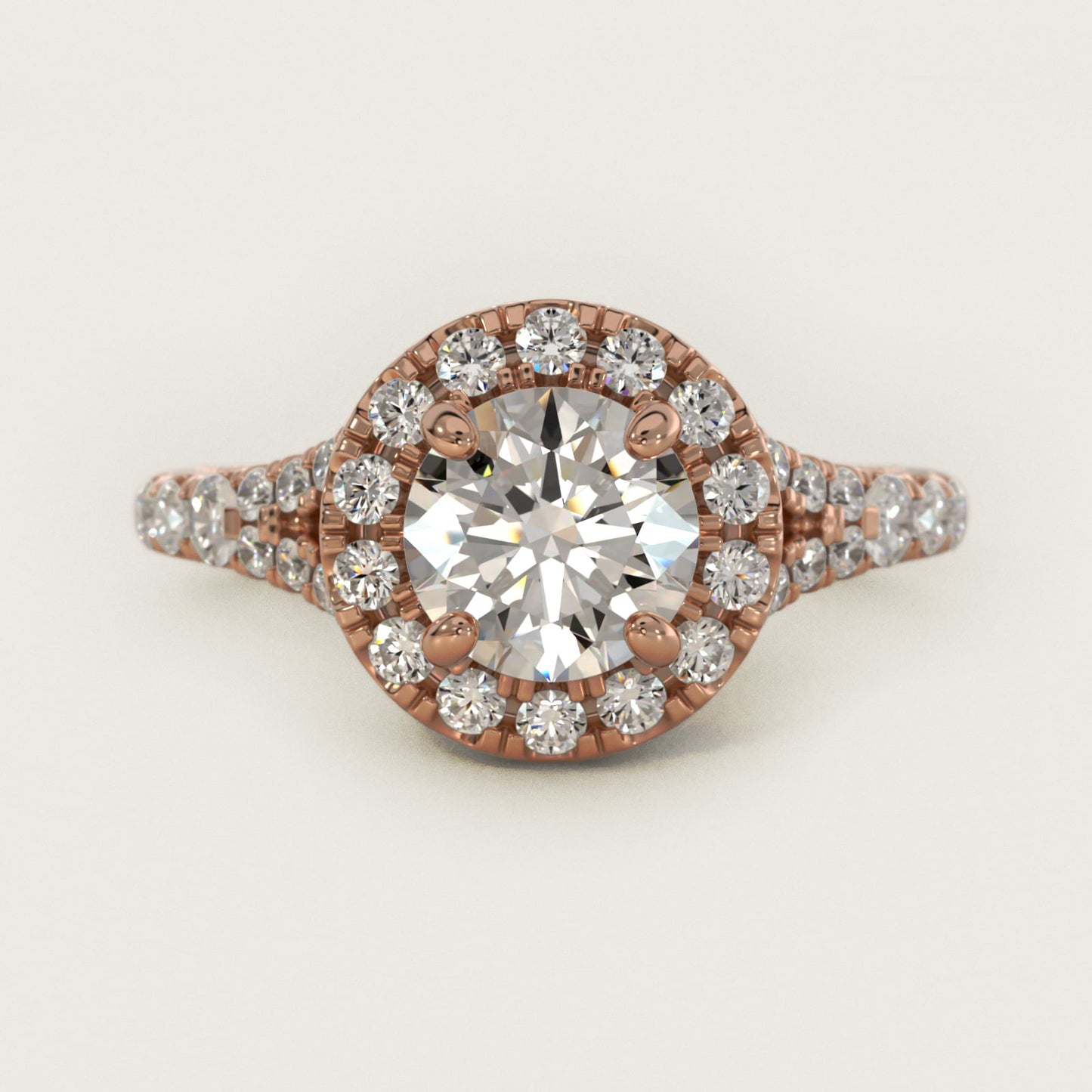 Lace Bridge Split Shank Halo Diamond Engagement Ring in 14k Rose Gold (3/4 ct. tw.) - Round Center