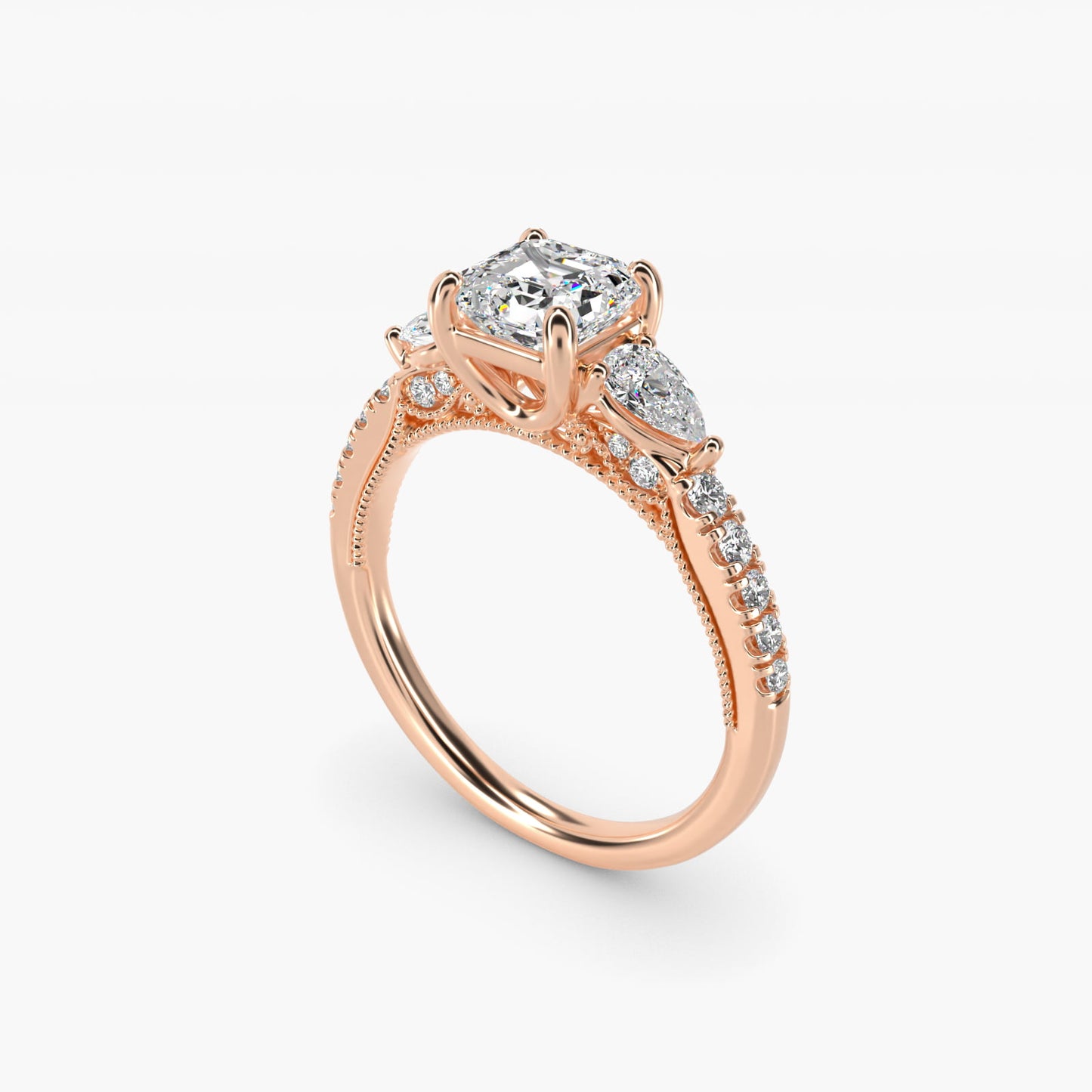 Lace Bridge Three Stone and Pave Diamond Engagement Ring in 18k Rose Gold (1/2 ct. t.w) - Asscher Center