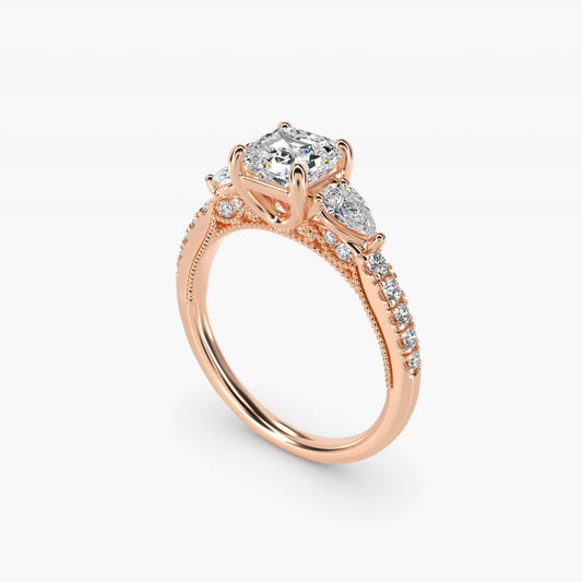Lace Bridge Three Stone and Pave Diamond Engagement Ring in 18k Rose Gold (1/2 ct. t.w) - Asscher Center