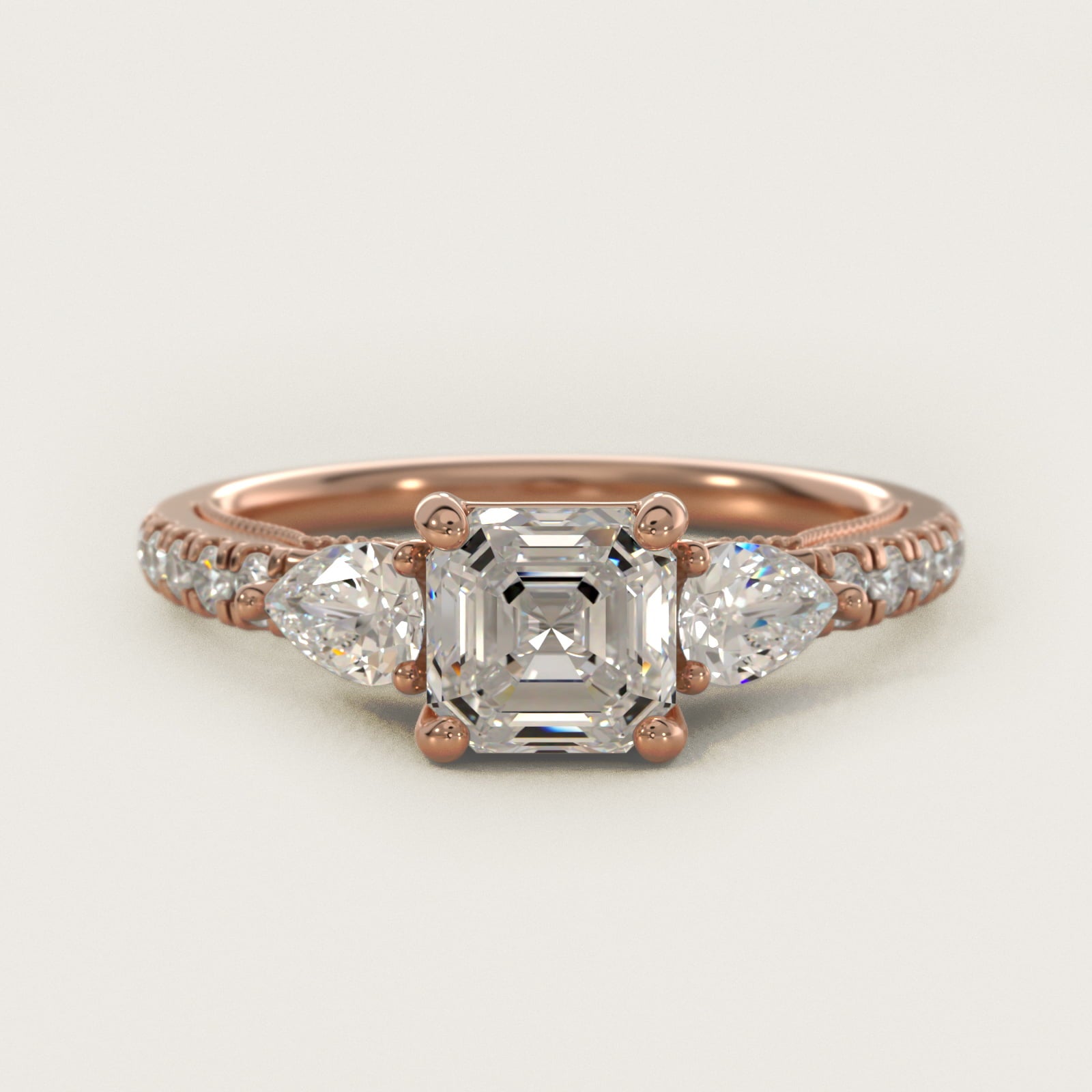 Lace Bridge Three Stone and Pave Diamond Engagement Ring in 18k Rose Gold (1/2 ct. t.w) - Asscher Center