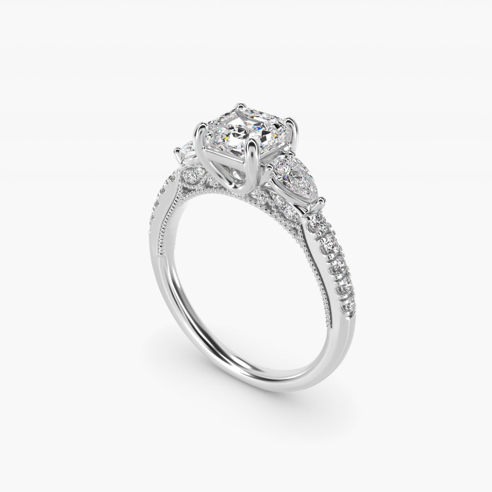 Lace Bridge Three Stone and Pave Diamond Engagement Ring in 18k White Gold (1/2 ct. t.w) - Asscher Center