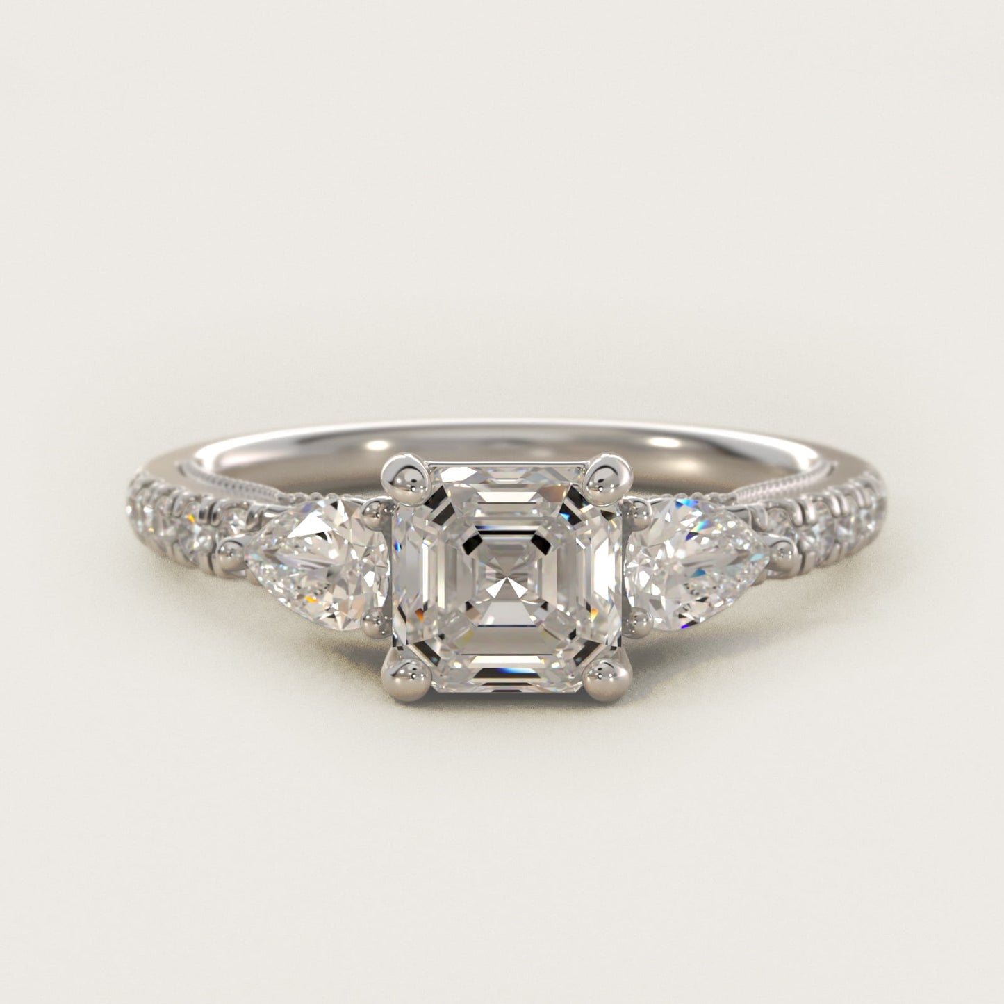 Lace Bridge Three Stone and Pave Diamond Engagement Ring in 14k White Gold (1/2 ct. t.w) - Asscher Center