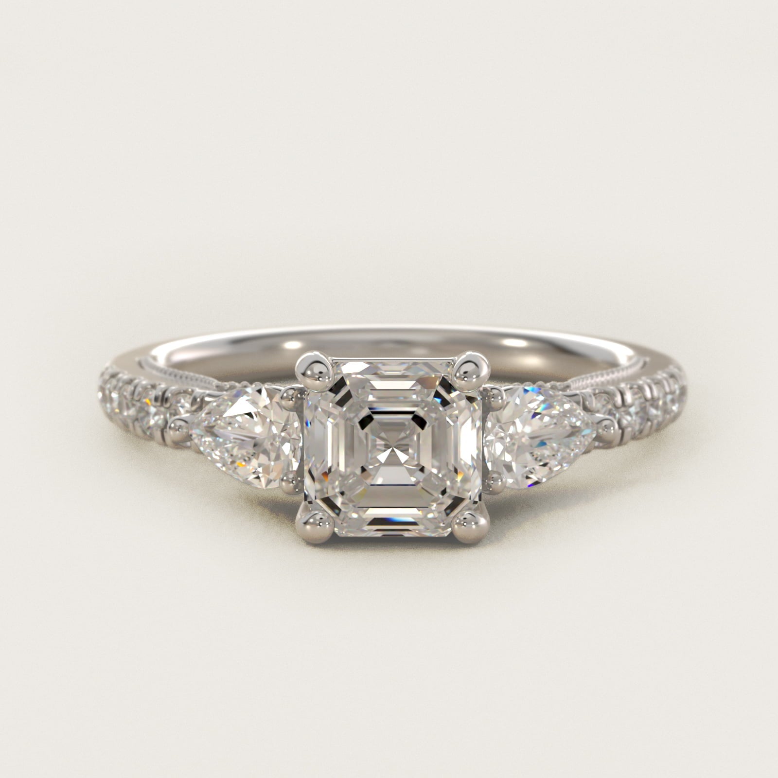 Lace Bridge Three Stone and Pave Diamond Engagement Ring in 18k White Gold (1/2 ct. t.w) - Asscher Center