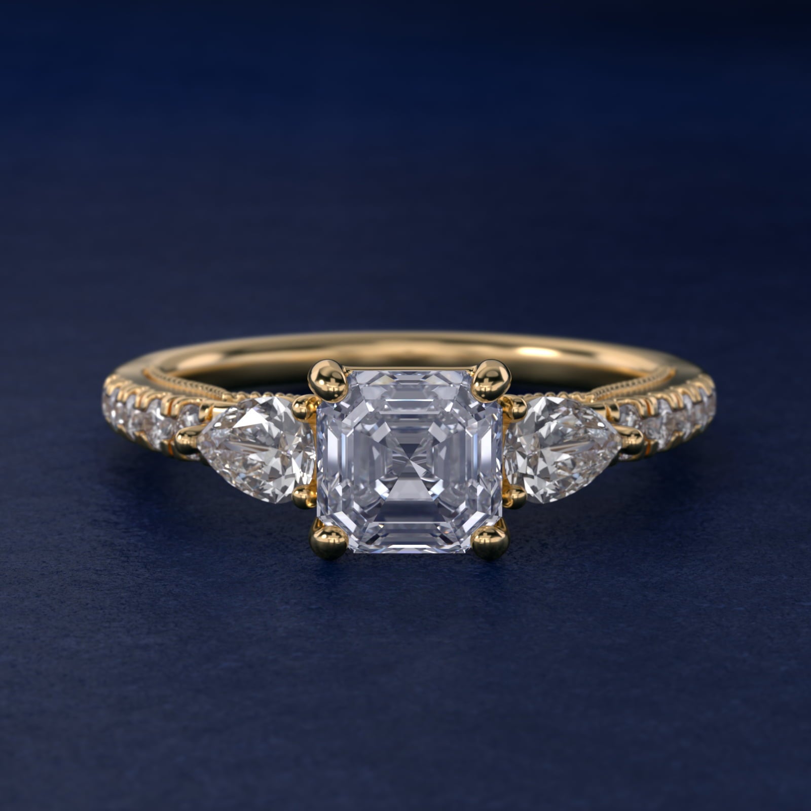 Lace Bridge Three Stone and Pave Diamond Engagement Ring in 18k Yellow Gold (1/2 ct. t.w) - Asscher Center