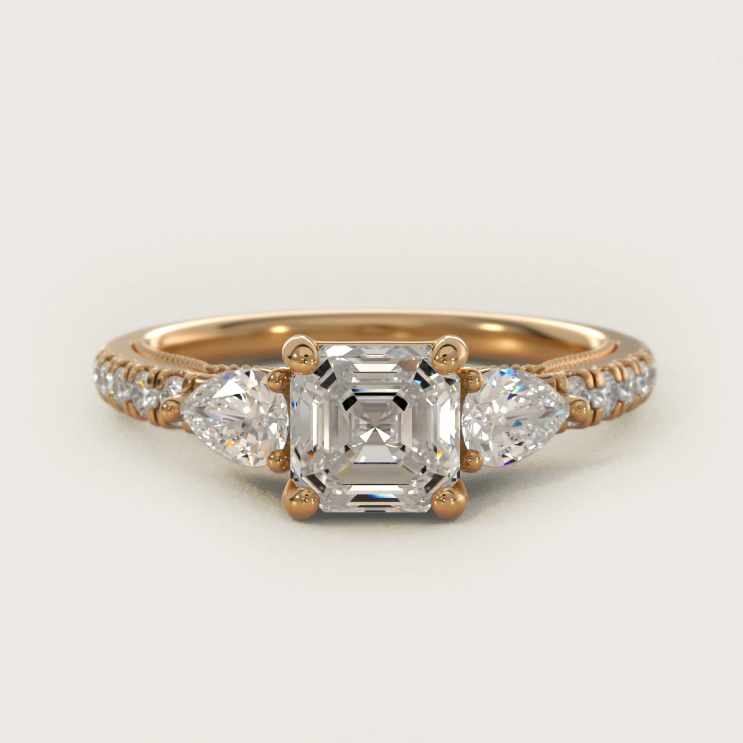 Lace Bridge Three Stone and Pave Diamond Engagement Ring in 18k Yellow Gold (1/2 ct. t.w) - Asscher Center