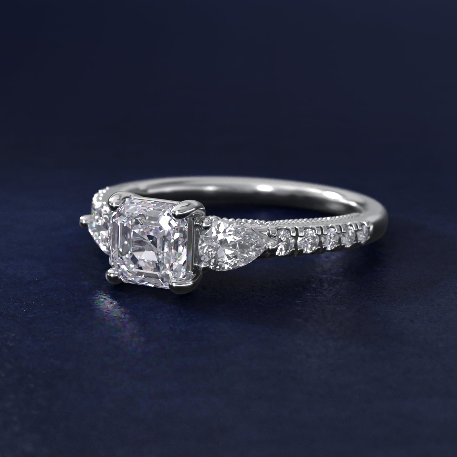Lace Bridge Three Stone and Pave Diamond Engagement Ring in Platinum (1/2 ct. t.w) - Asscher Center