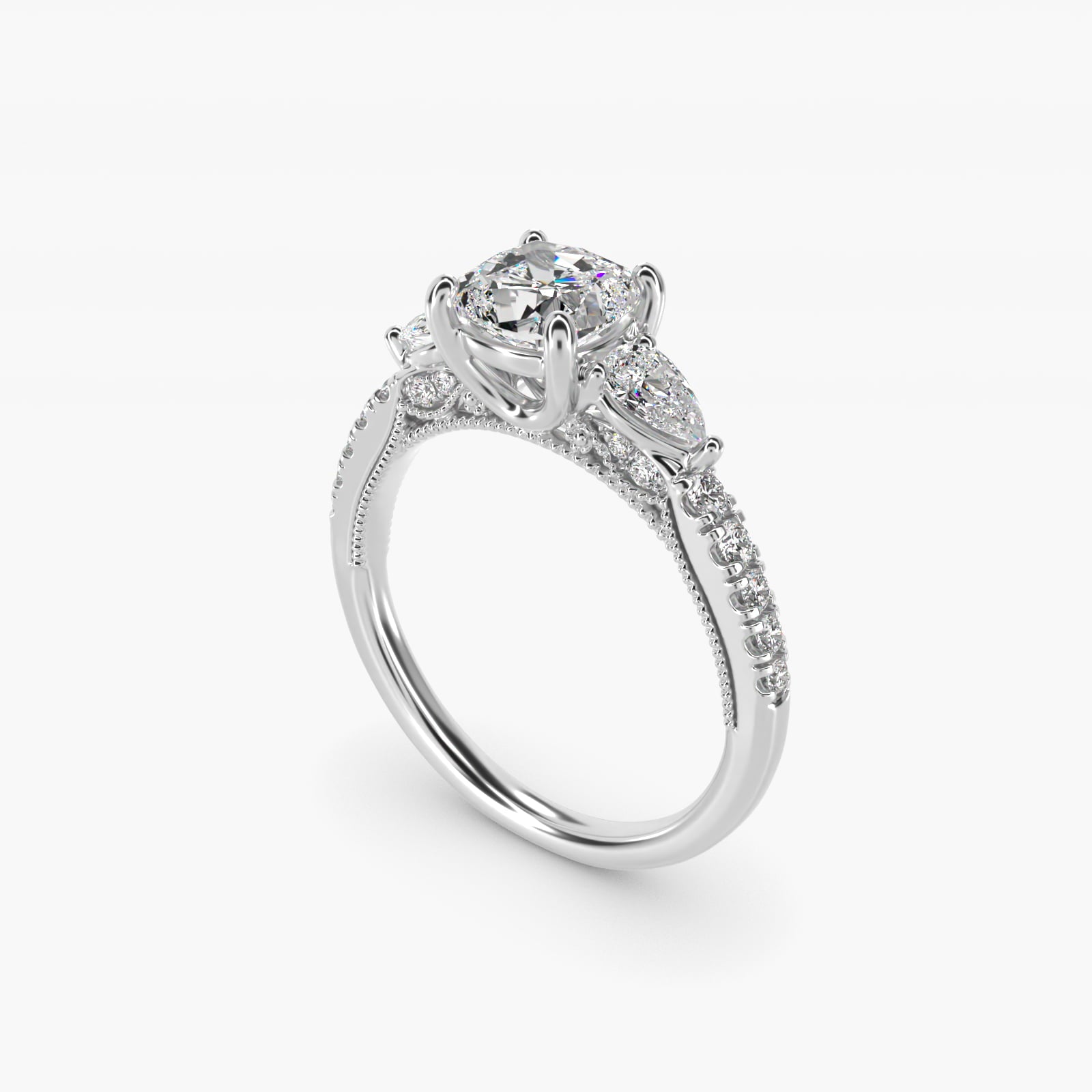 Lace Bridge Three Stone and Pave Diamond Engagement Ring in 14k White Gold (1/2 ct. t.w) - Cushion Center