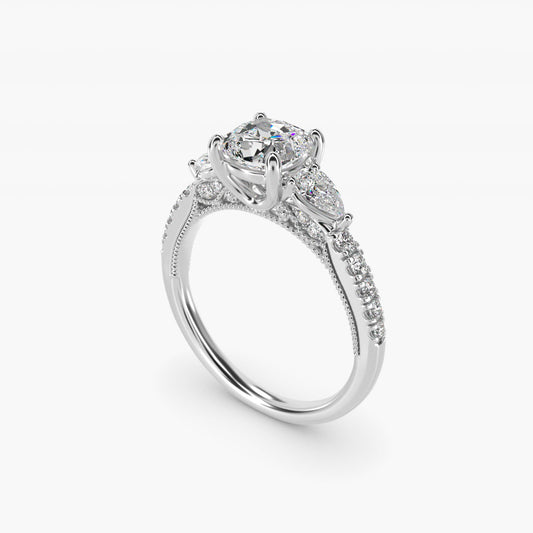 Lace Bridge Three Stone and Pave Diamond Engagement Ring in 14k White Gold (1/2 ct. t.w) - Cushion Center