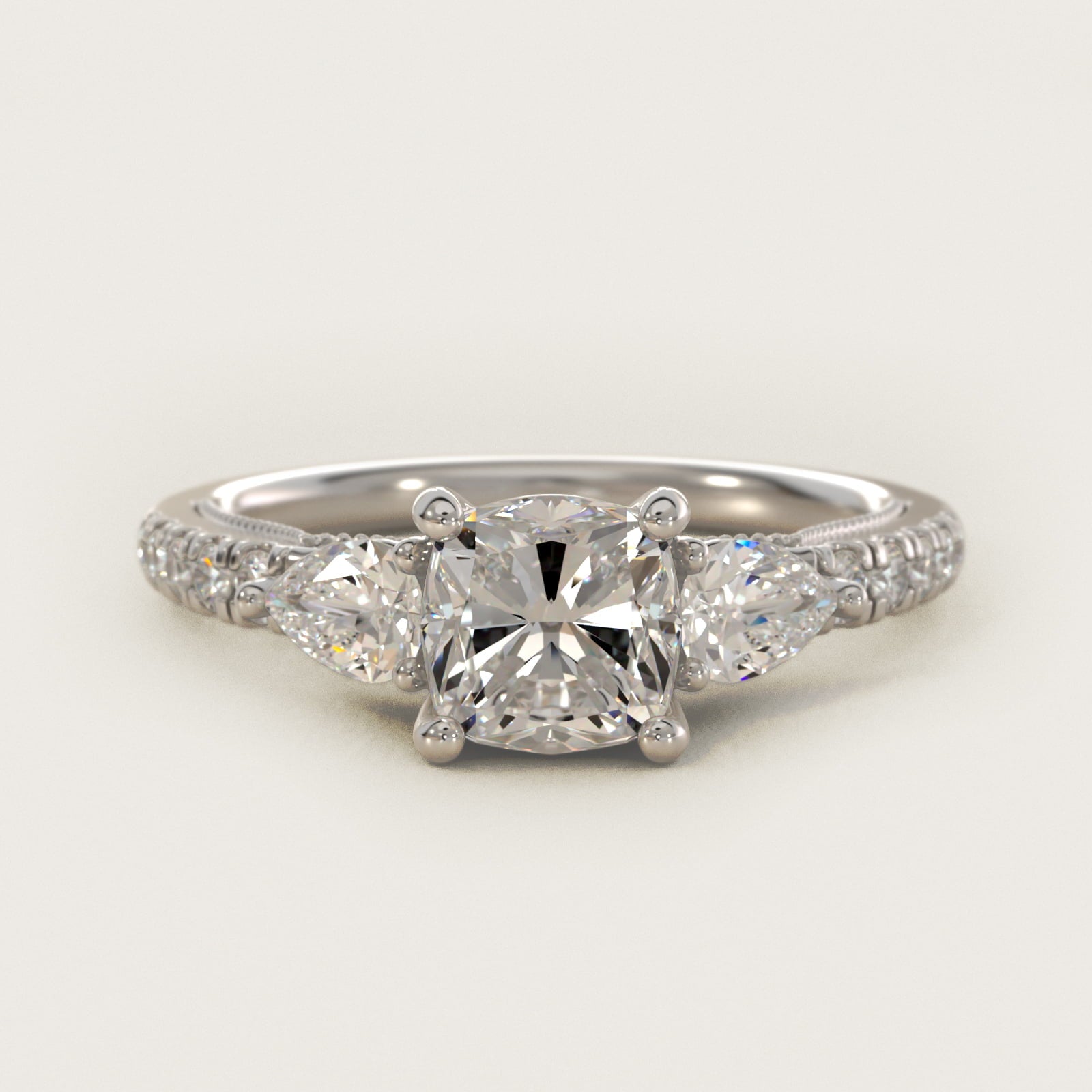 Lace Bridge Three Stone and Pave Diamond Engagement Ring in 18k White Gold (1/2 ct. t.w) - Cushion Center