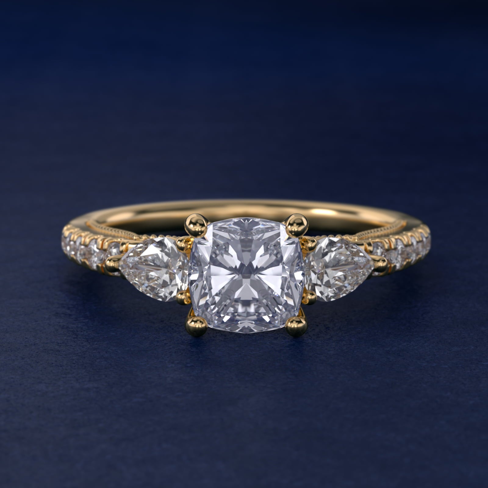 Lace Bridge Three Stone and Pave Diamond Engagement Ring in 18k Yellow Gold (1/2 ct. t.w) - Cushion Center