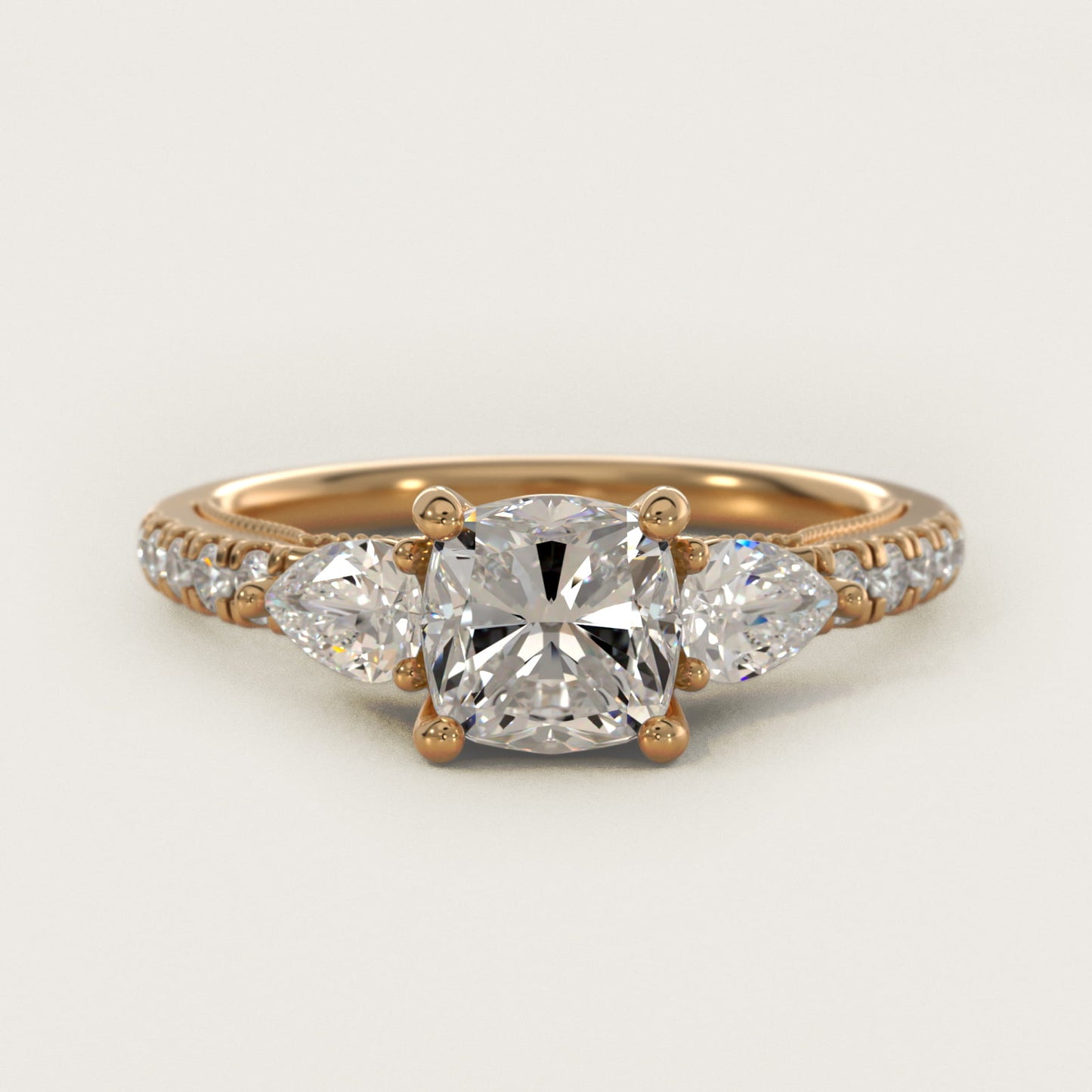 Lace Bridge Three Stone and Pave Diamond Engagement Ring in 18k Yellow Gold (1/2 ct. t.w) - Cushion Center