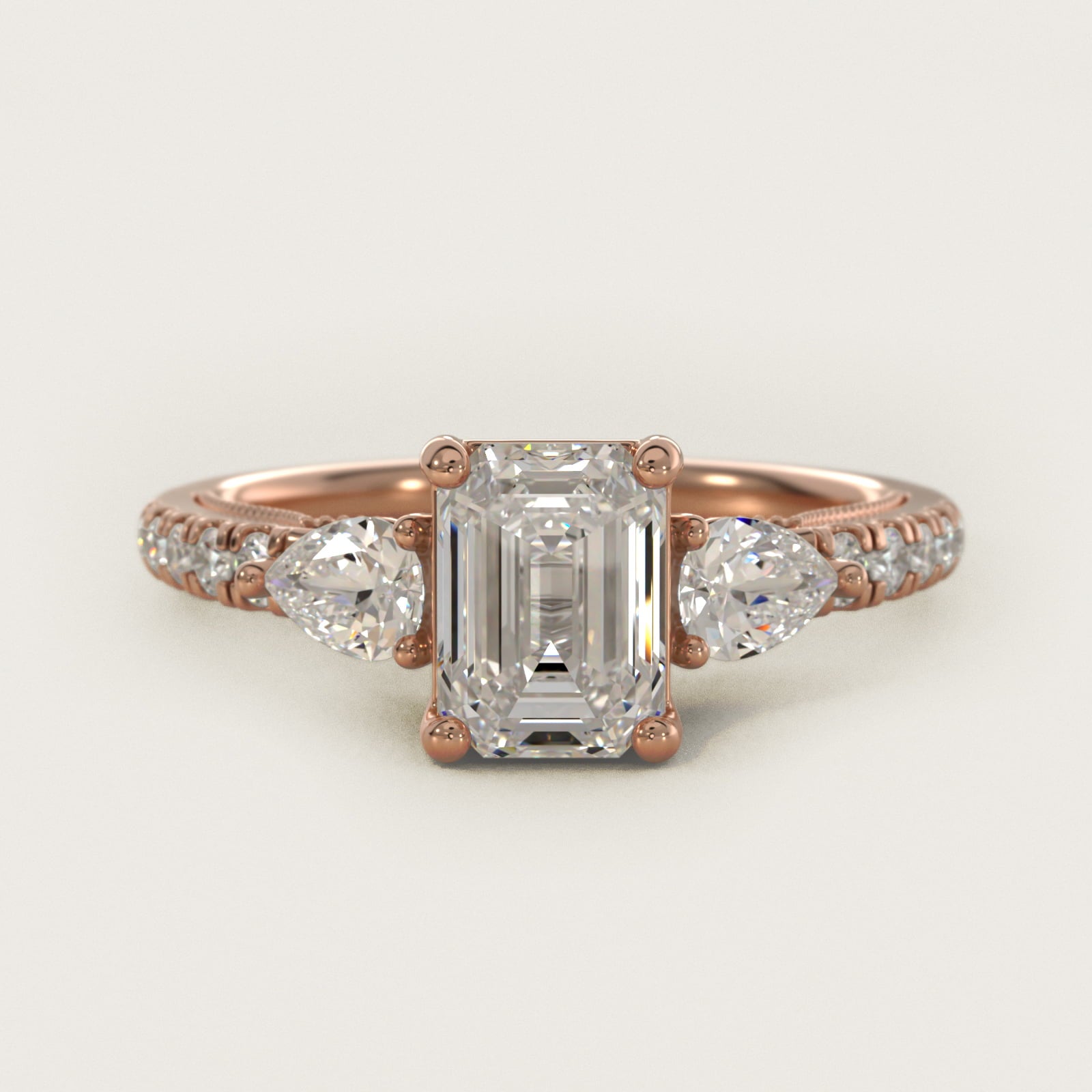 Lace Bridge Three Stone and Pave Diamond Engagement Ring in 14k Rose Gold (1/2 ct. t.w) - Emerald Center