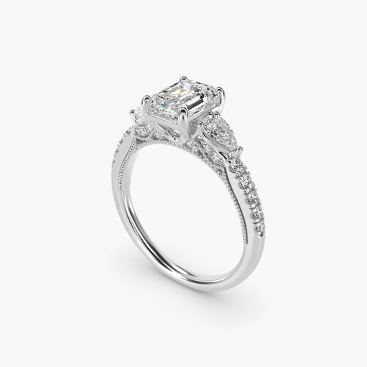 Lace Bridge Three Stone and Pave Diamond Engagement Ring in 14k White Gold (1/2 ct. t.w) - Emerald Center