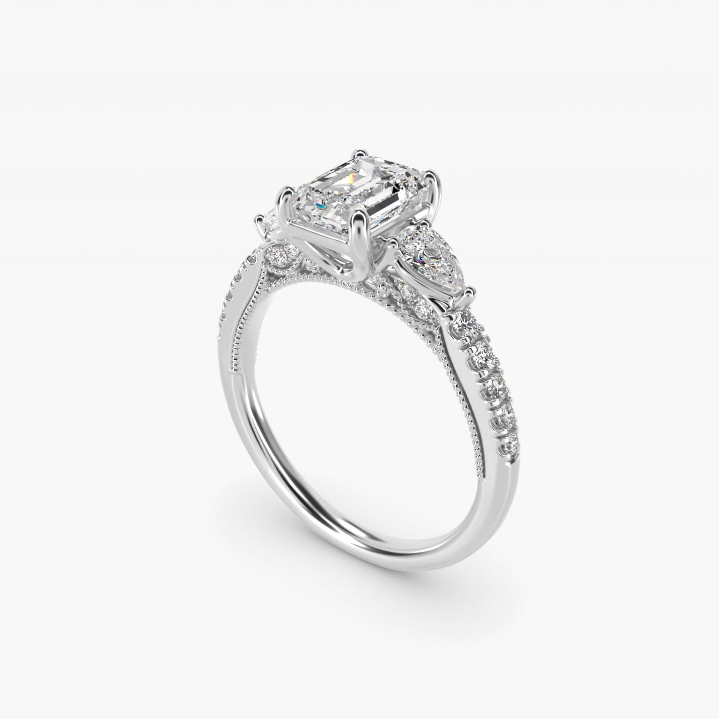 Lace Bridge Three Stone and Pave Diamond Engagement Ring in 18k White Gold (1/2 ct. t.w) - Emerald Center