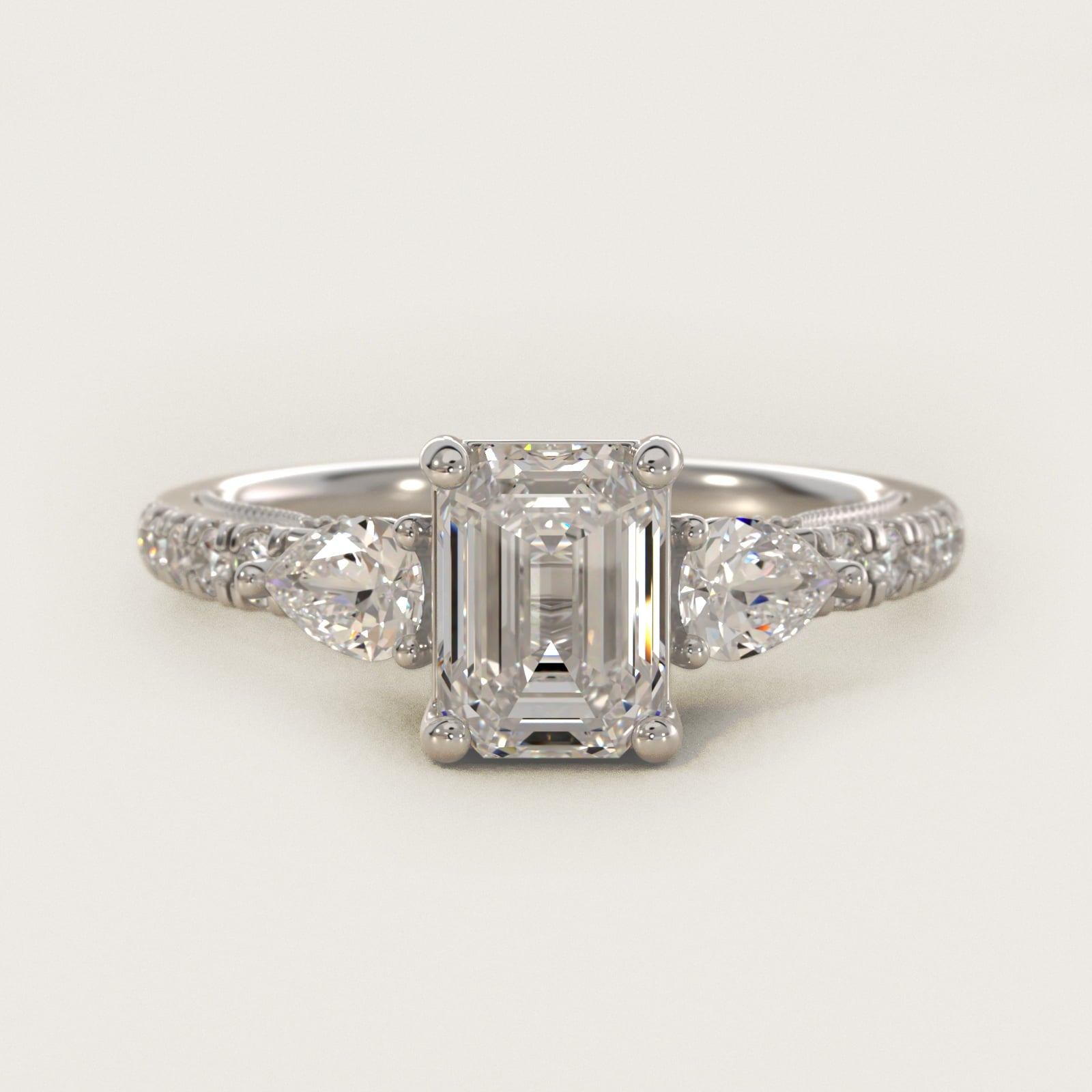 Lace Bridge Three Stone and Pave Diamond Engagement Ring in 18k White Gold (1/2 ct. t.w) - Emerald Center