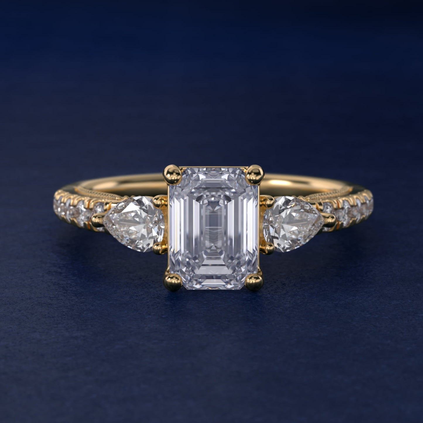 Lace Bridge Three Stone and Pave Diamond Engagement Ring in 14k Yellow Gold (1/2 ct. t.w) - Emerald Center
