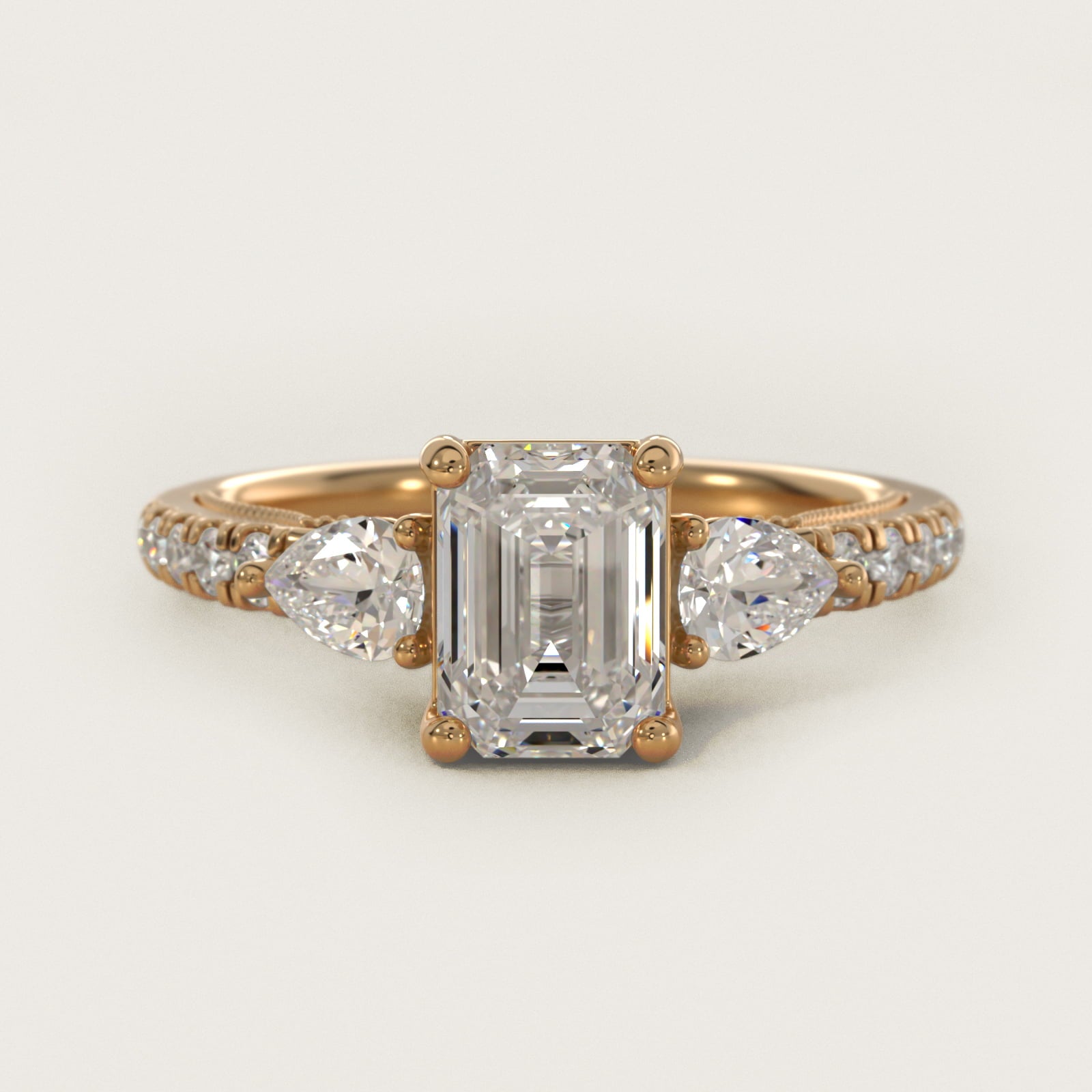 Lace Bridge Three Stone and Pave Diamond Engagement Ring in 18k Yellow Gold (1/2 ct. t.w) - Emerald Center