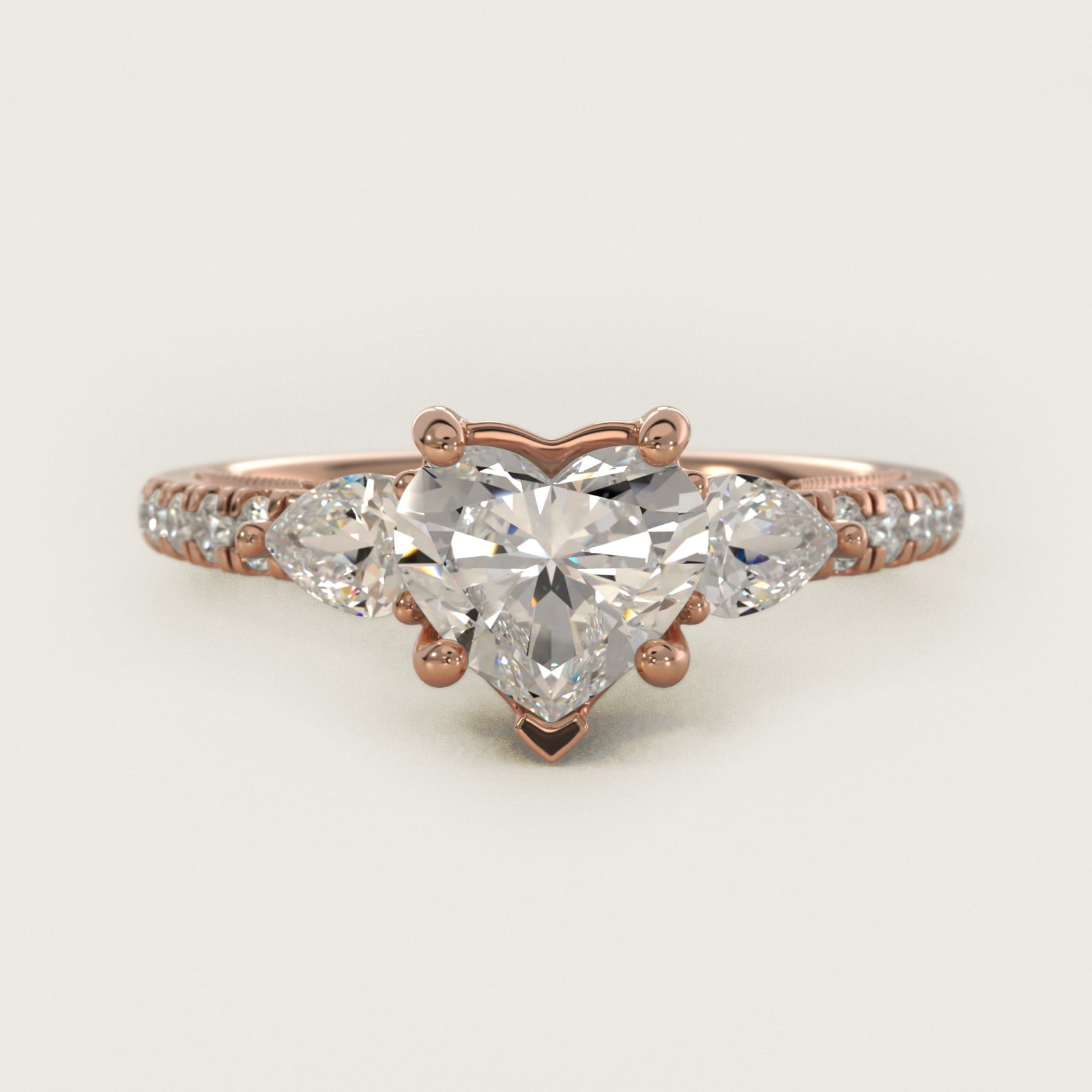 Lace Bridge Three Stone and Pave Diamond Engagement Ring in 14k Rose Gold (1/2 ct. t.w) - Heart Center