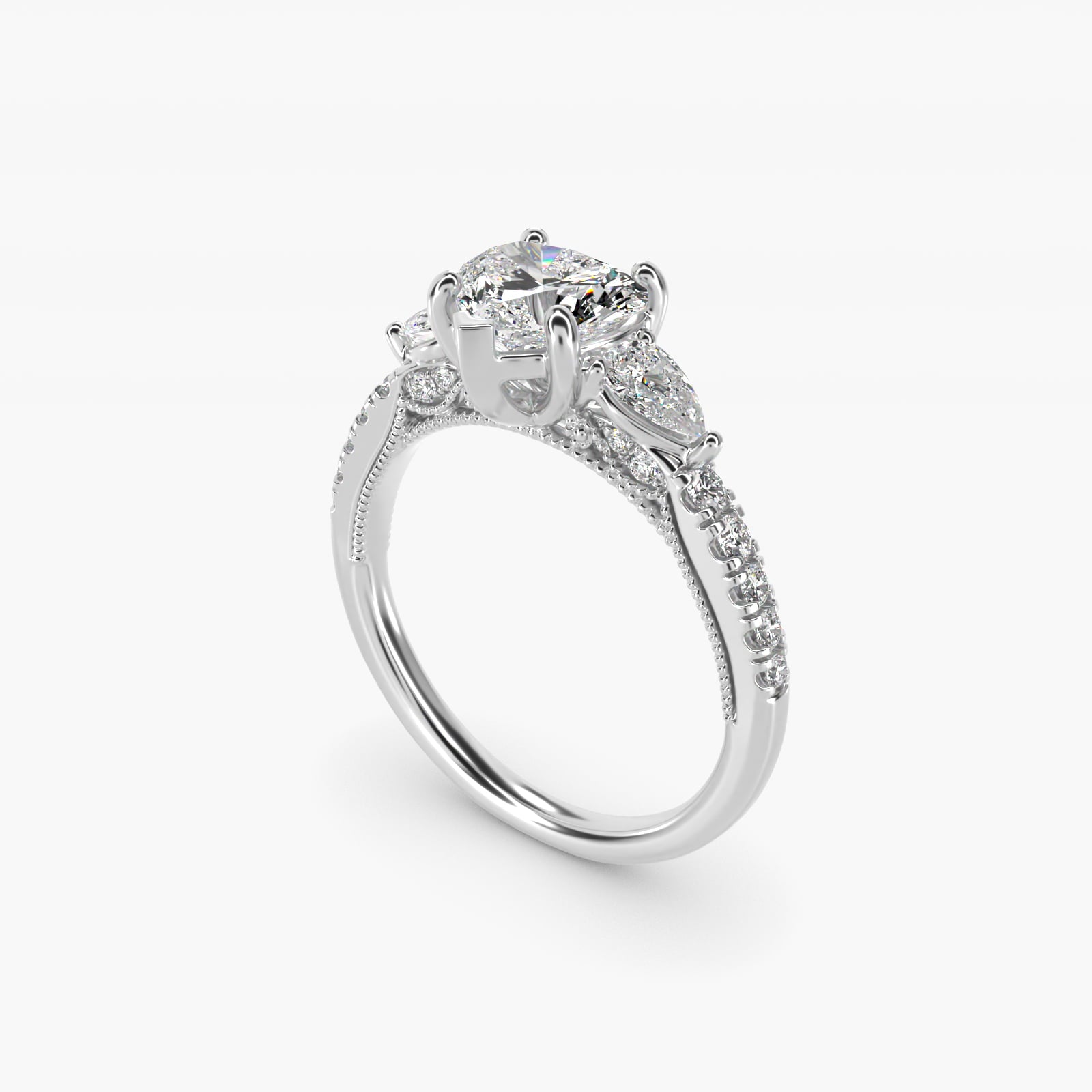 Lace Bridge Three Stone and Pave Diamond Engagement Ring in 18k White Gold (1/2 ct. t.w) - Heart Center