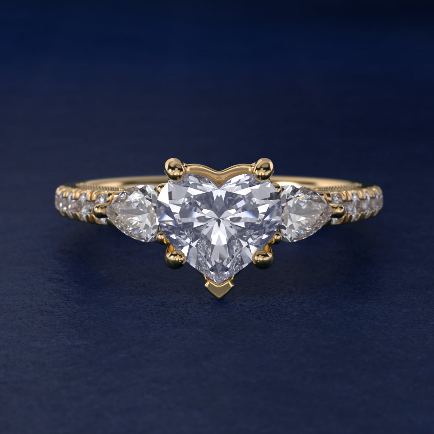 Lace Bridge Three Stone and Pave Diamond Engagement Ring in 14k Yellow Gold (1/2 ct. t.w) - Heart Center