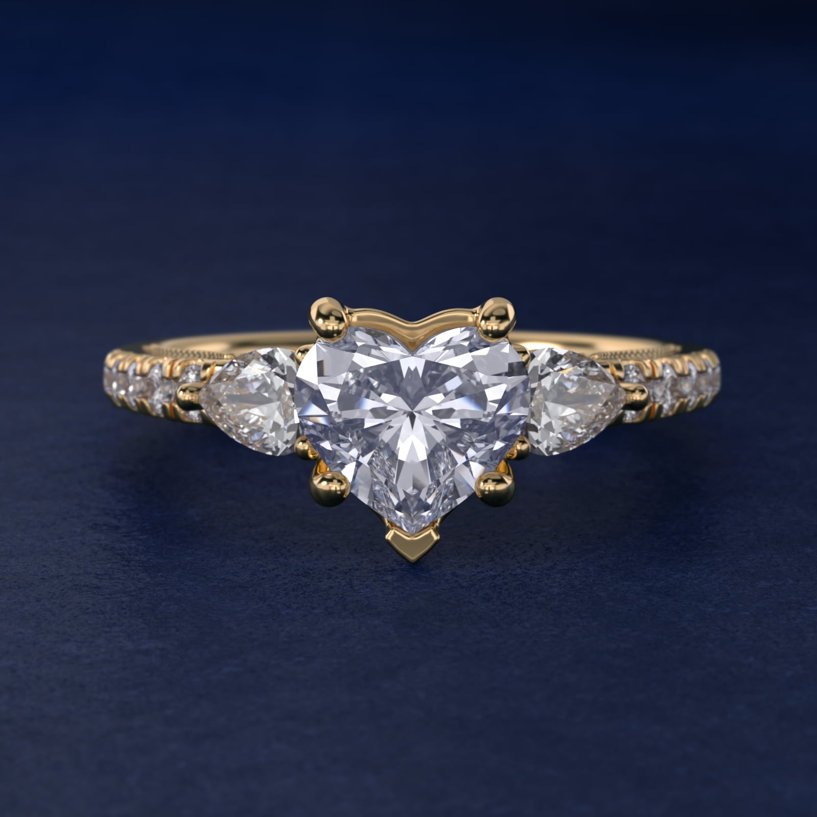 Lace Bridge Three Stone and Pave Diamond Engagement Ring in 14k Yellow Gold (1/2 ct. t.w) - Heart Center