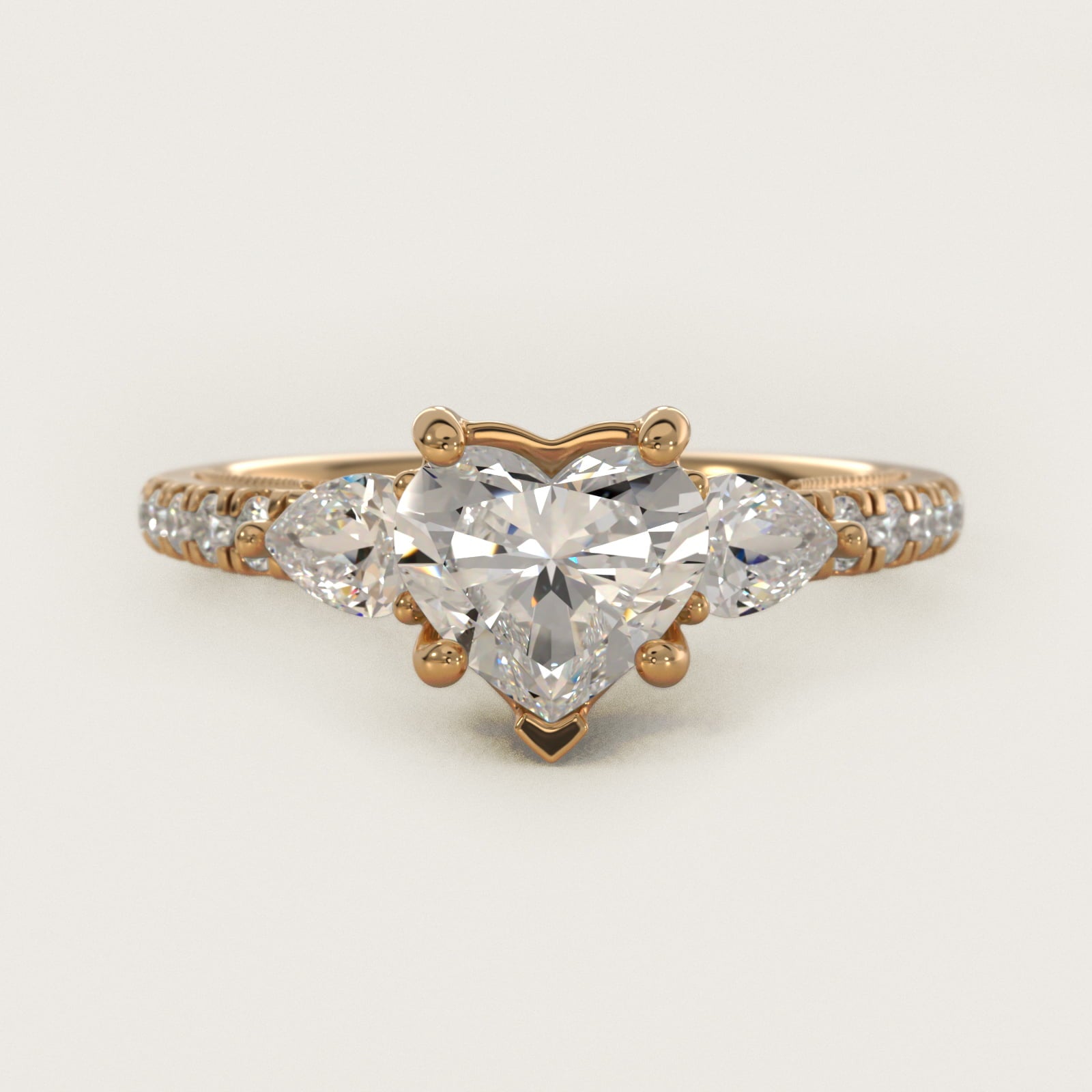Lace Bridge Three Stone and Pave Diamond Engagement Ring in 14k Yellow Gold (1/2 ct. t.w) - Heart Center