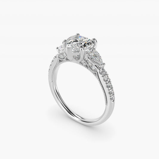 Lace Bridge Three Stone and Pave Diamond Engagement Ring in Platinum (1/2 ct. t.w) - Heart Center
