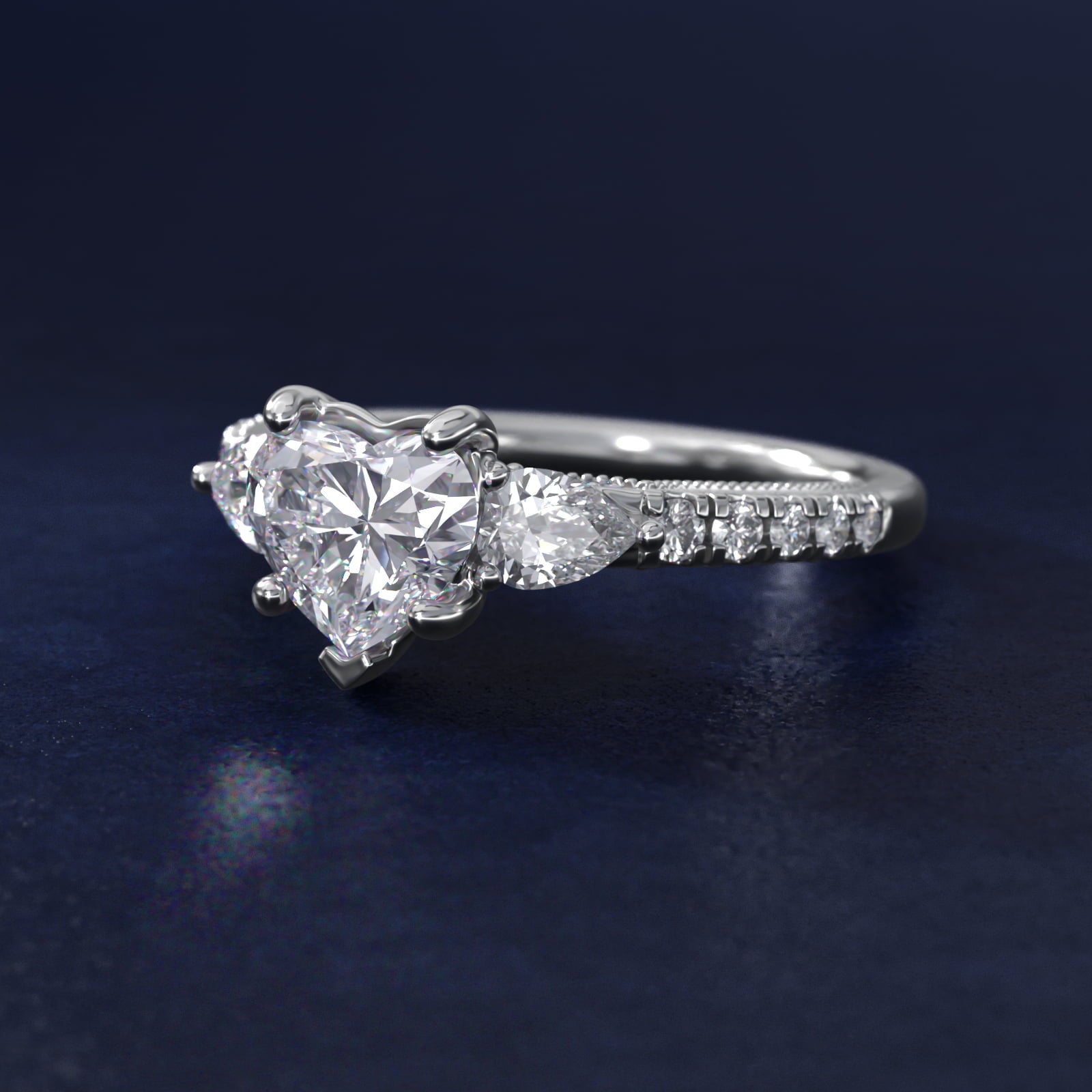 Lace Bridge Three Stone and Pave Diamond Engagement Ring in Platinum (1/2 ct. t.w) - Heart Center
