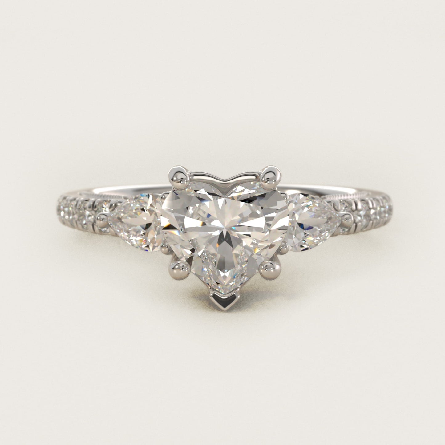 Lace Bridge Three Stone and Pave Diamond Engagement Ring in Platinum (1/2 ct. t.w) - Heart Center