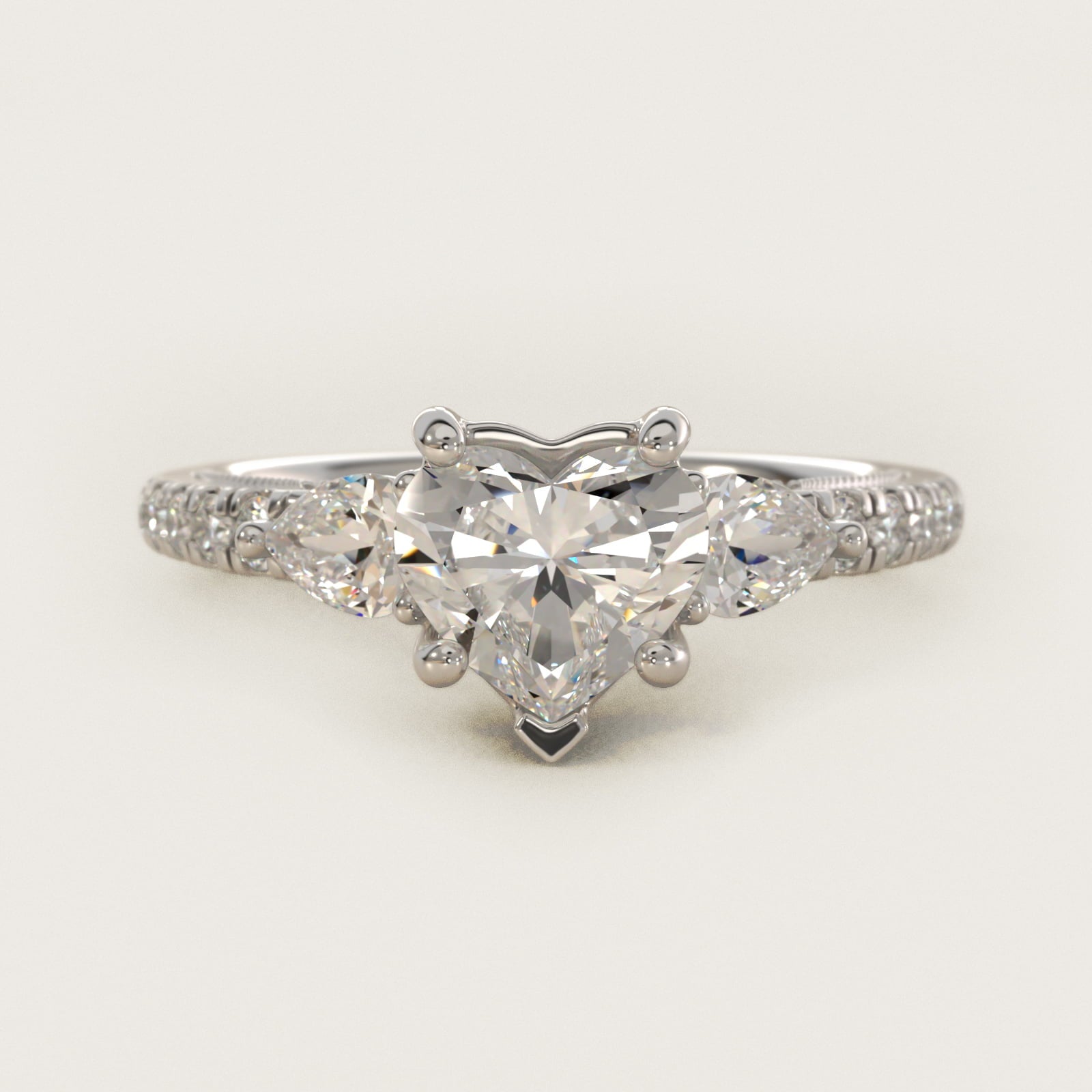 Lace Bridge Three Stone and Pave Diamond Engagement Ring in Platinum (1/2 ct. t.w) - Heart Center