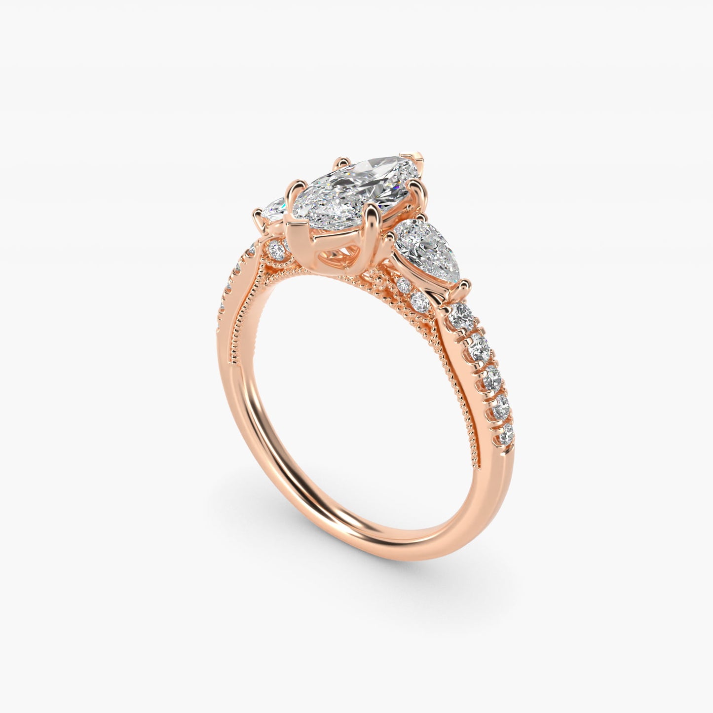 Lace Bridge Three Stone and Pave Diamond Engagement Ring in 14k Rose Gold (1/2 ct. t.w) - Marquise Center
