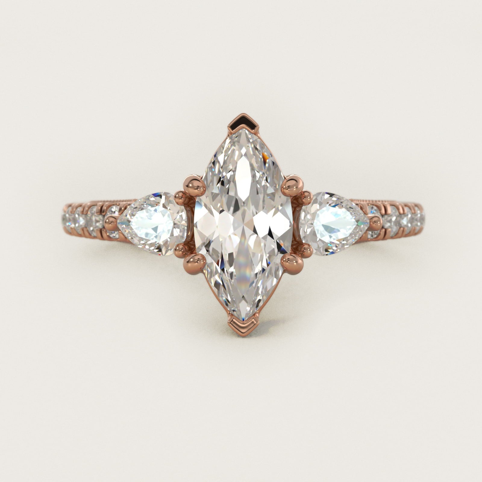 Lace Bridge Three Stone and Pave Diamond Engagement Ring in 14k Rose Gold (1/2 ct. t.w) - Marquise Center
