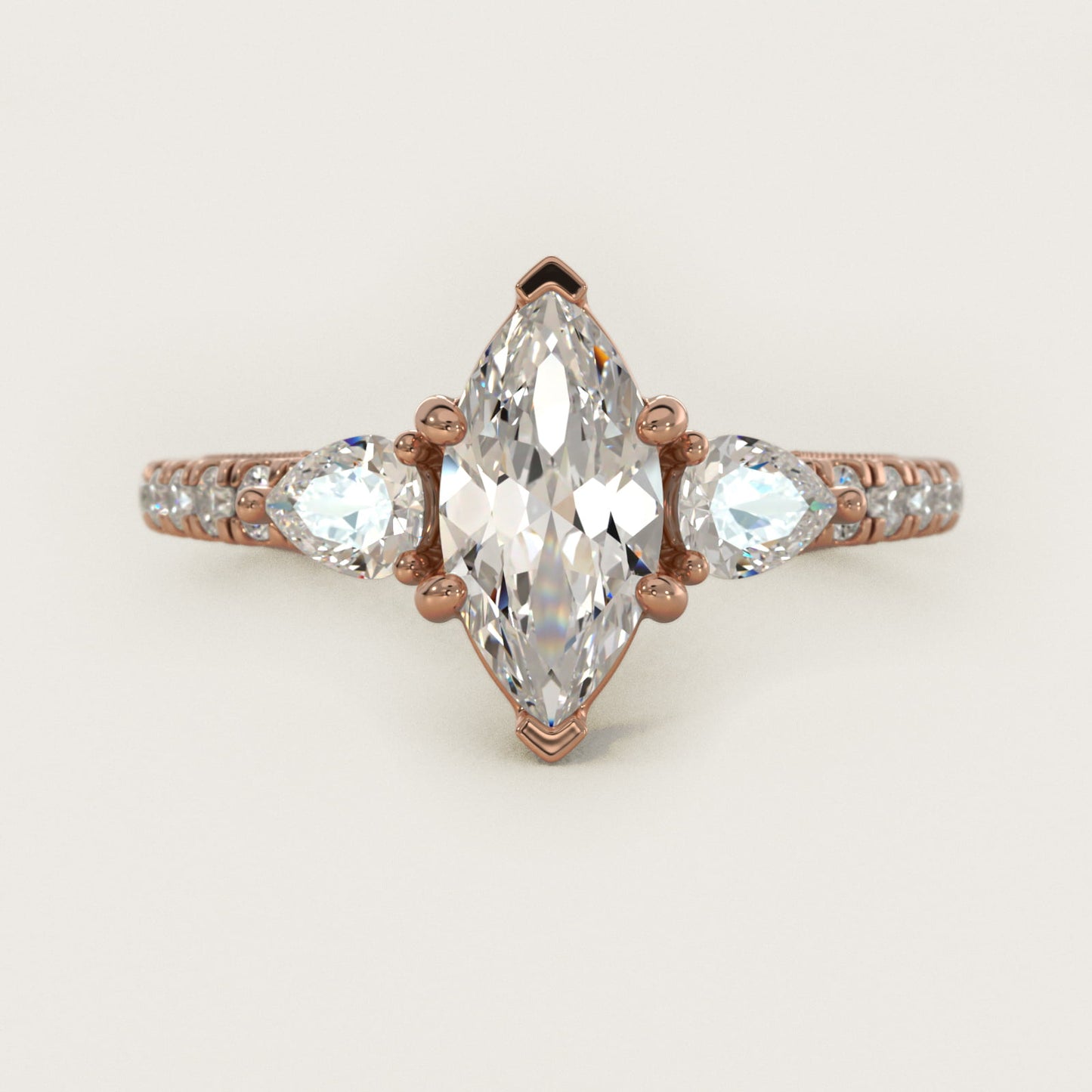 Lace Bridge Three Stone and Pave Diamond Engagement Ring in 18k Rose Gold (1/2 ct. t.w) - Marquise Center