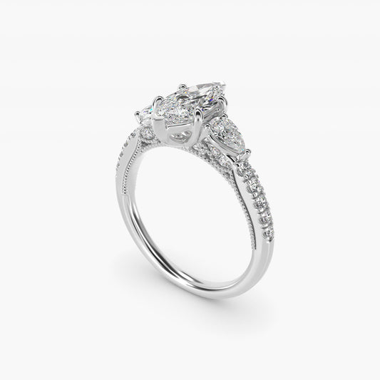 Lace Bridge Three Stone and Pave Diamond Engagement Ring in 14k White Gold (1/2 ct. t.w) - Marquise Center