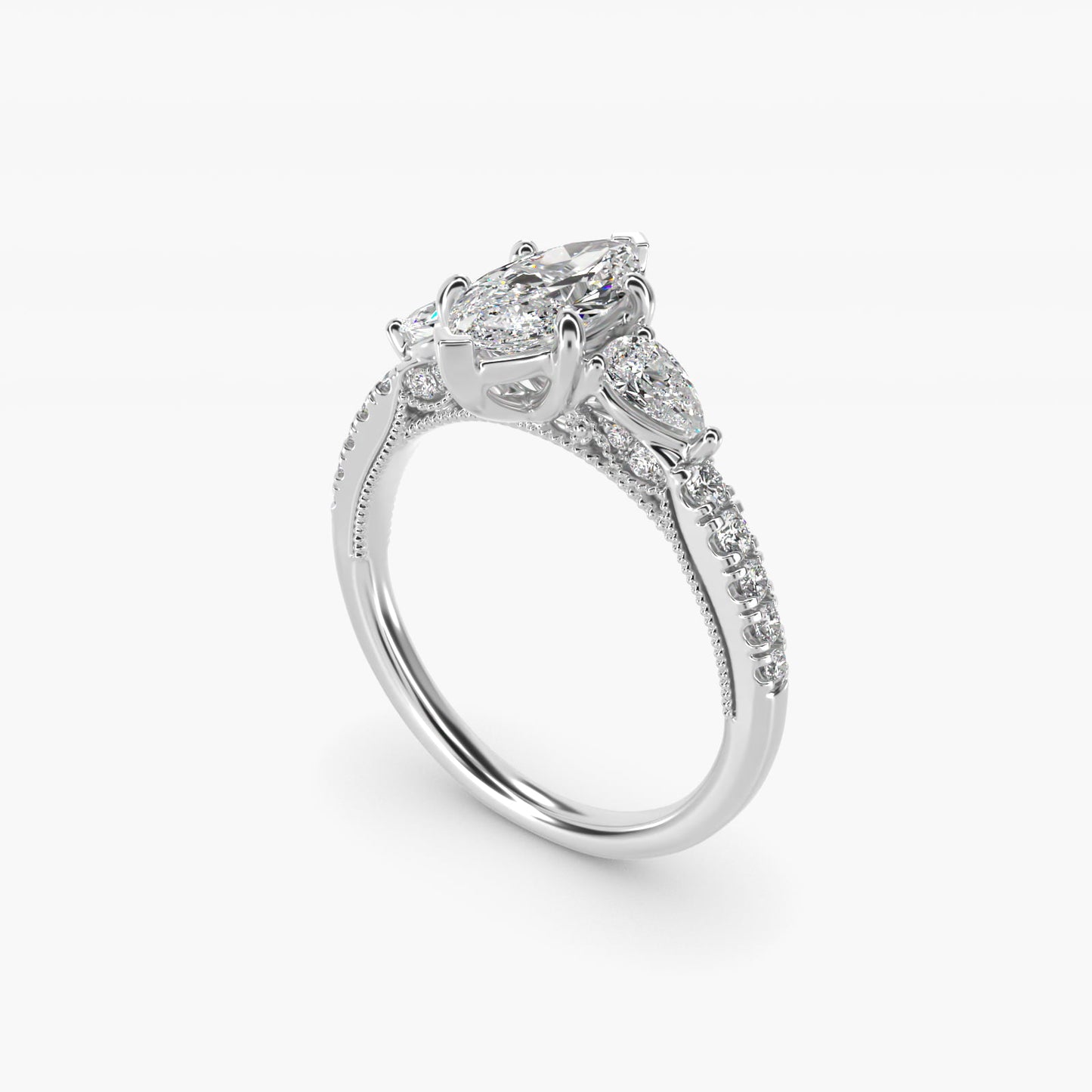 Lace Bridge Three Stone and Pave Diamond Engagement Ring in 18k White Gold (1/2 ct. t.w) - Marquise Center