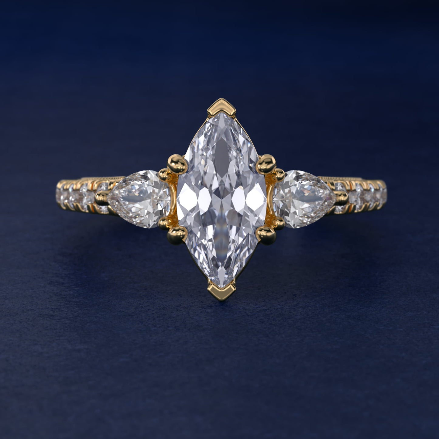 Lace Bridge Three Stone and Pave Diamond Engagement Ring in 18k Yellow Gold (1/2 ct. t.w) - Marquise Center