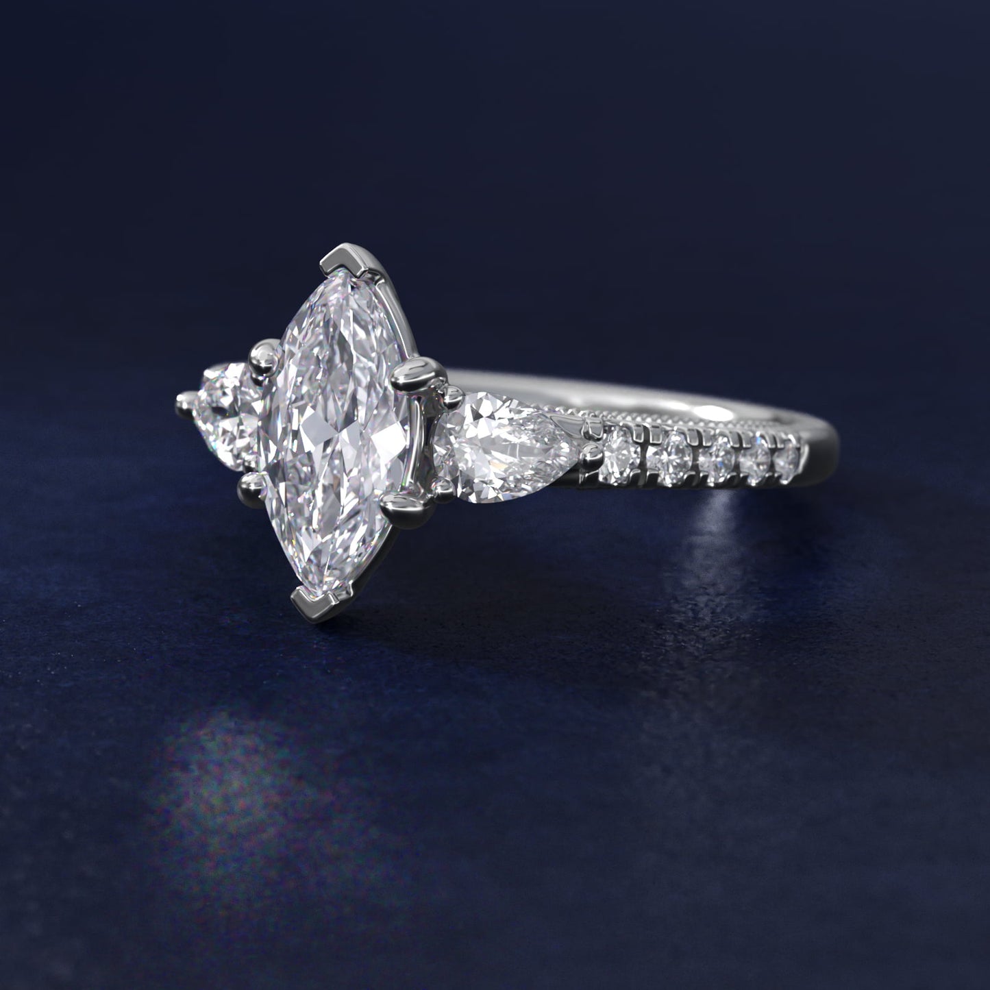 Lace Bridge Three Stone and Pave Diamond Engagement Ring in Platinum (1/2 ct. t.w) - Marquise Center