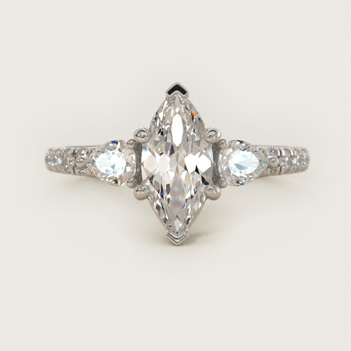 Lace Bridge Three Stone and Pave Diamond Engagement Ring in Platinum (1/2 ct. t.w) - Marquise Center