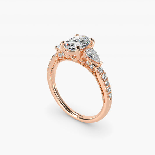 Lace Bridge Three Stone and Pave Diamond Engagement Ring in 18k Rose Gold (1/2 ct. t.w) - Oval Center