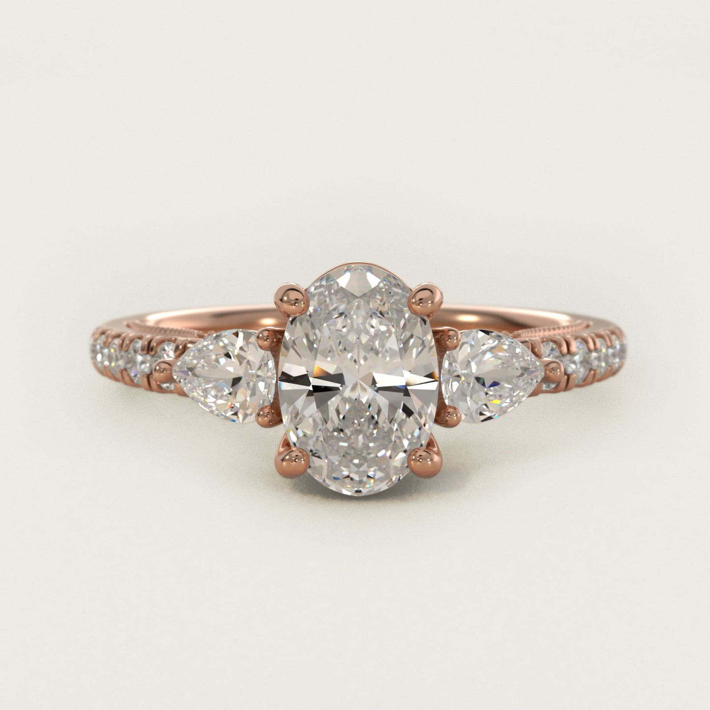 Lace Bridge Three Stone and Pave Diamond Engagement Ring in 14k Rose Gold (1/2 ct. t.w) - Oval Center