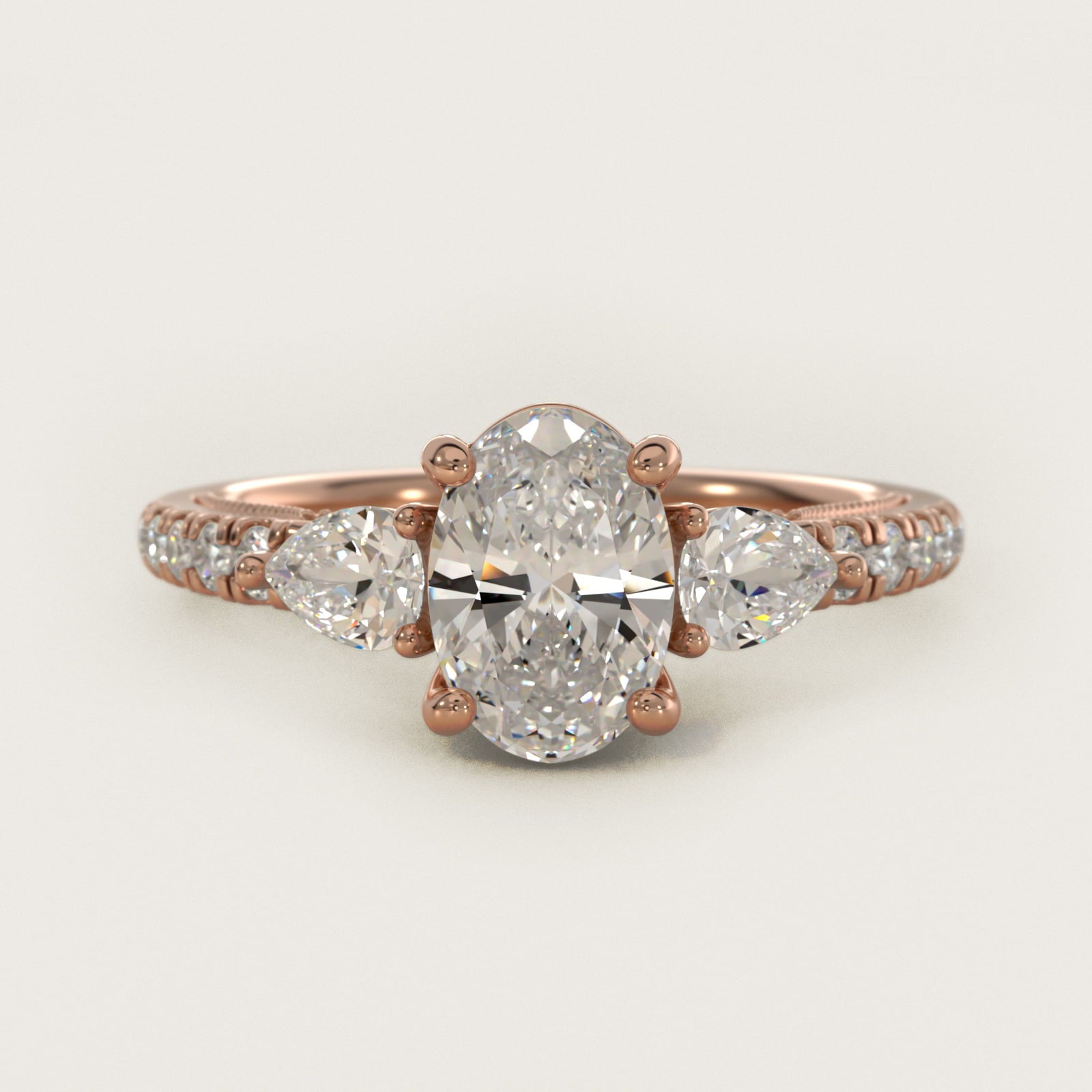Lace Bridge Three Stone and Pave Diamond Engagement Ring in 14k Rose Gold (1/2 ct. t.w) - Oval Center
