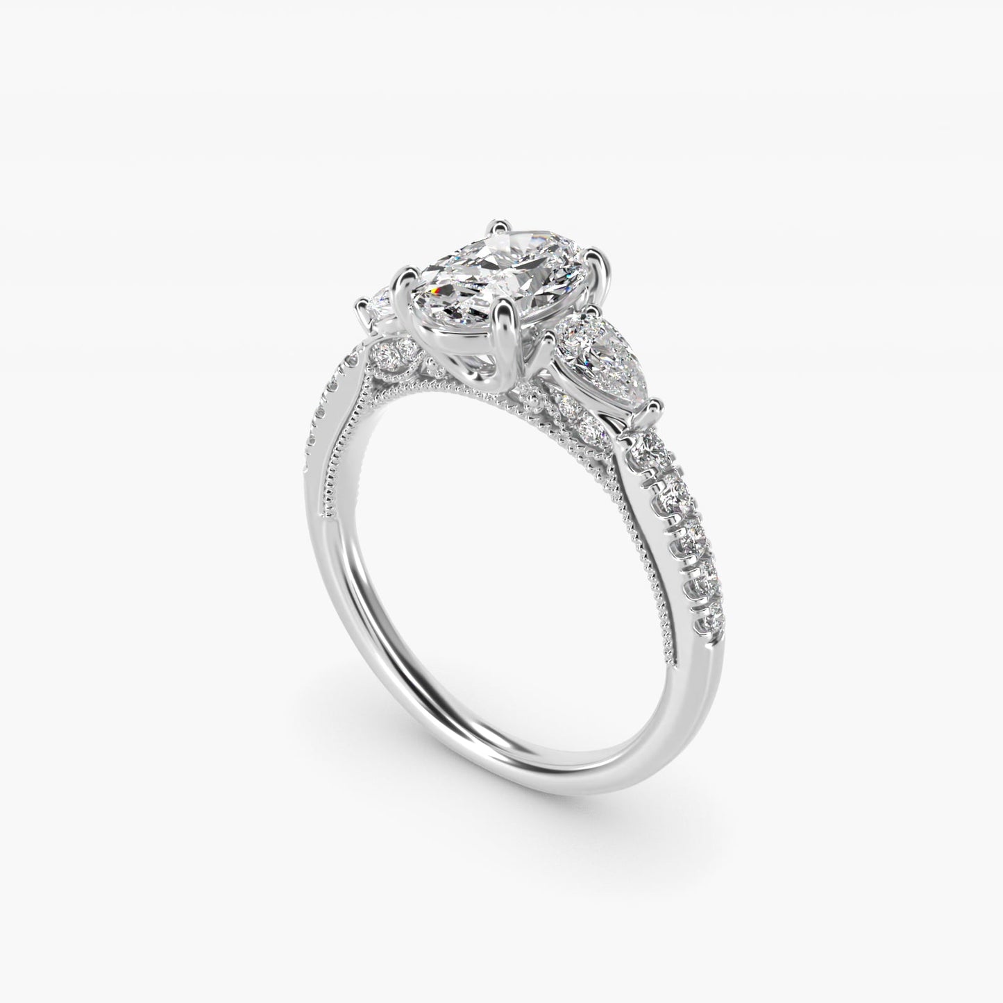 Lace Bridge Three Stone and Pave Diamond Engagement Ring in 18k White Gold (1/2 ct. t.w) - Oval Center