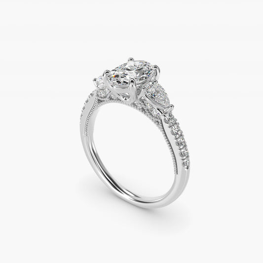 Lace Bridge Three Stone and Pave Diamond Engagement Ring in 18k White Gold (1/2 ct. t.w) - Oval Center