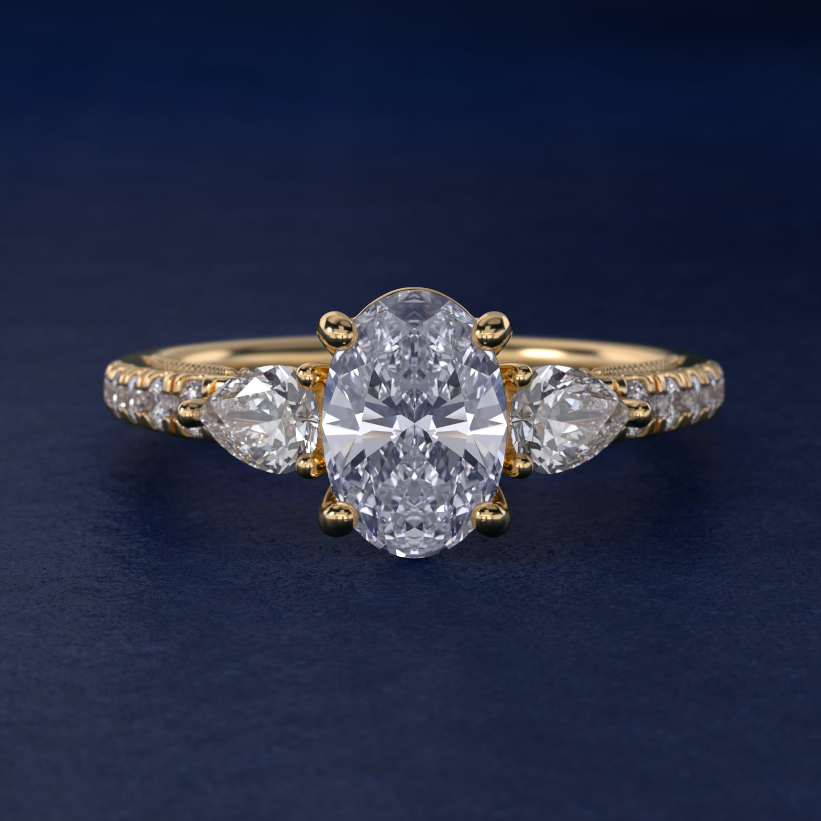 Lace Bridge Three Stone and Pave Diamond Engagement Ring in 18k Yellow Gold (1/2 ct. t.w) - Oval Center
