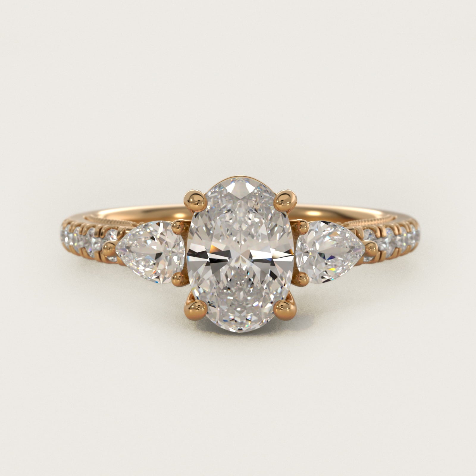 Lace Bridge Three Stone and Pave Diamond Engagement Ring in 14k Yellow Gold (1/2 ct. t.w) - Oval Center