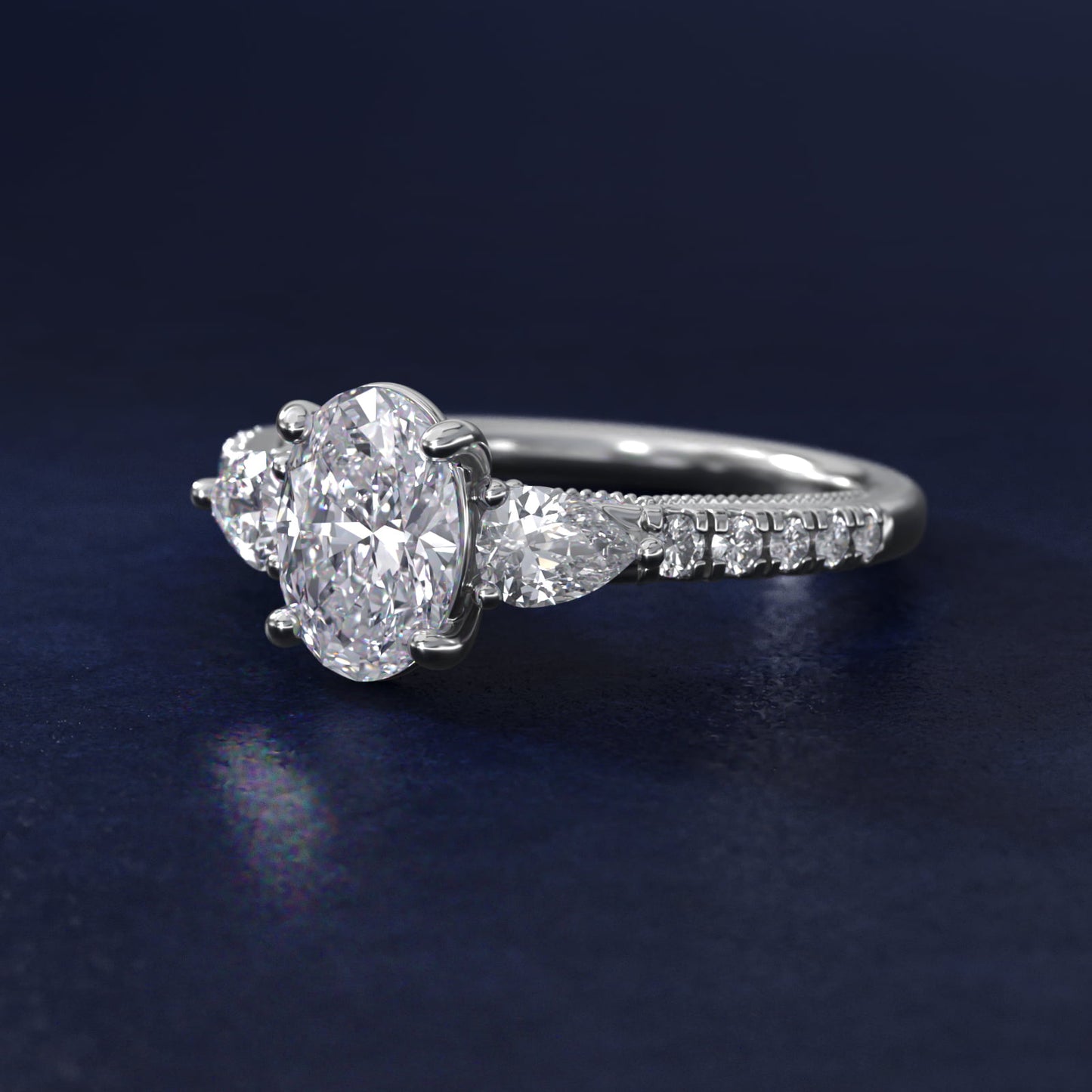 Lace Bridge Three Stone and Pave Diamond Engagement Ring in Platinum (1/2 ct. t.w) - Oval Center
