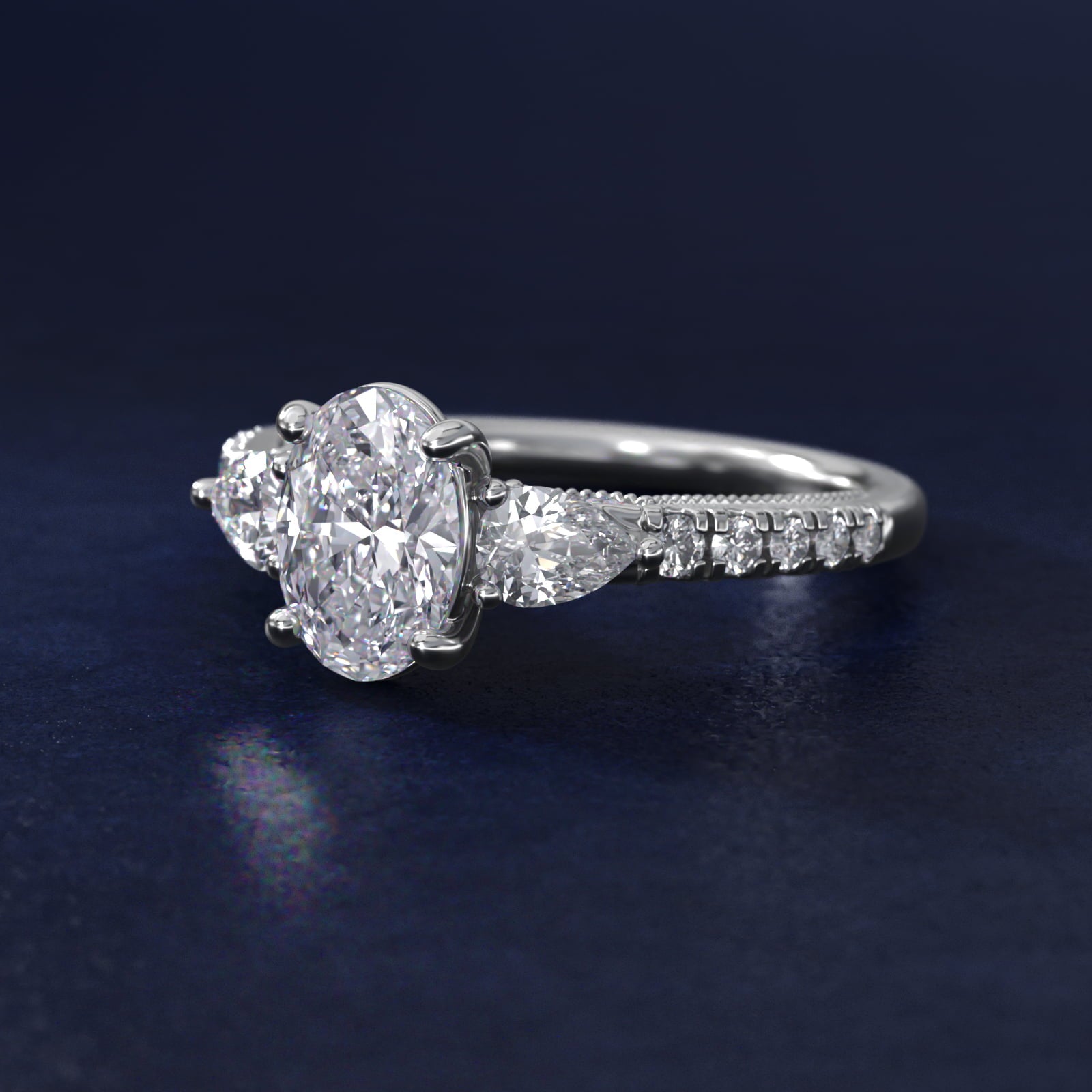 Lace Bridge Three Stone and Pave Diamond Engagement Ring in Platinum (1/2 ct. t.w) - Oval Center